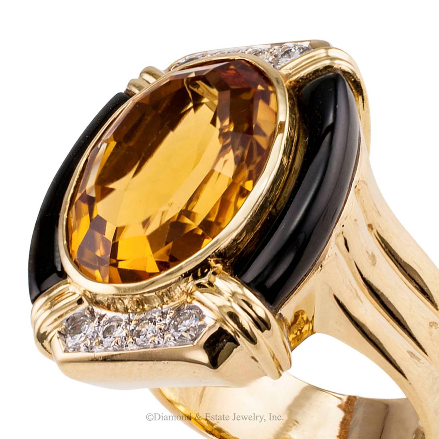 Women's or Men's 1980s Citrine Onyx Diamond Gold Ring Size 9 1/2