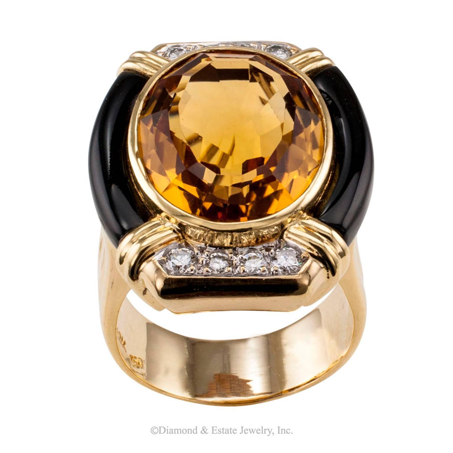 Modern 1980s Citrine Onyx Diamond Gold Ring Size 9 1/2