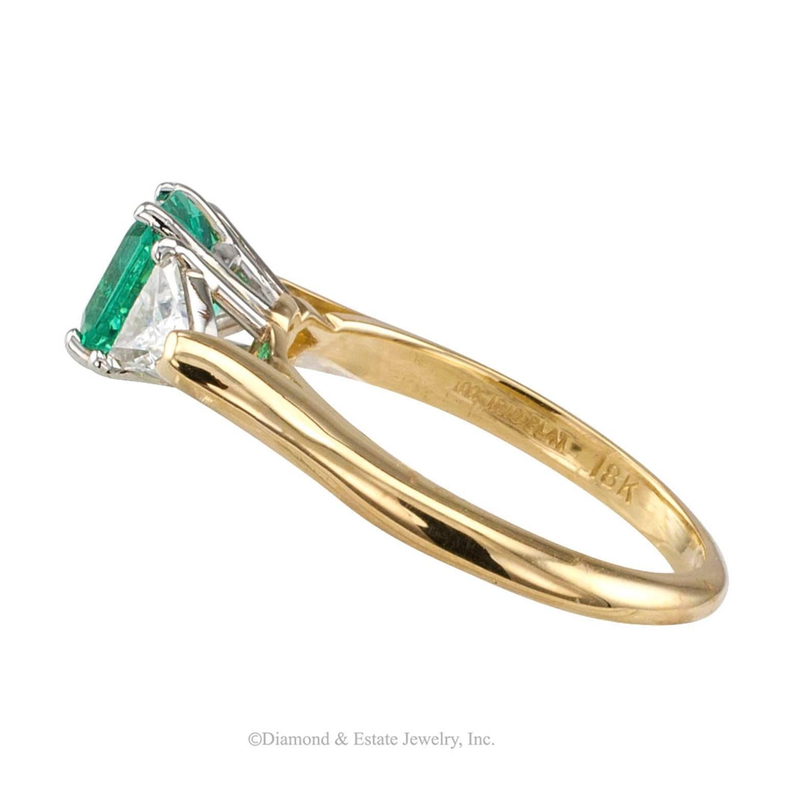 Contemporary Emerald Diamond Gold Platinum Three-Stone Ring