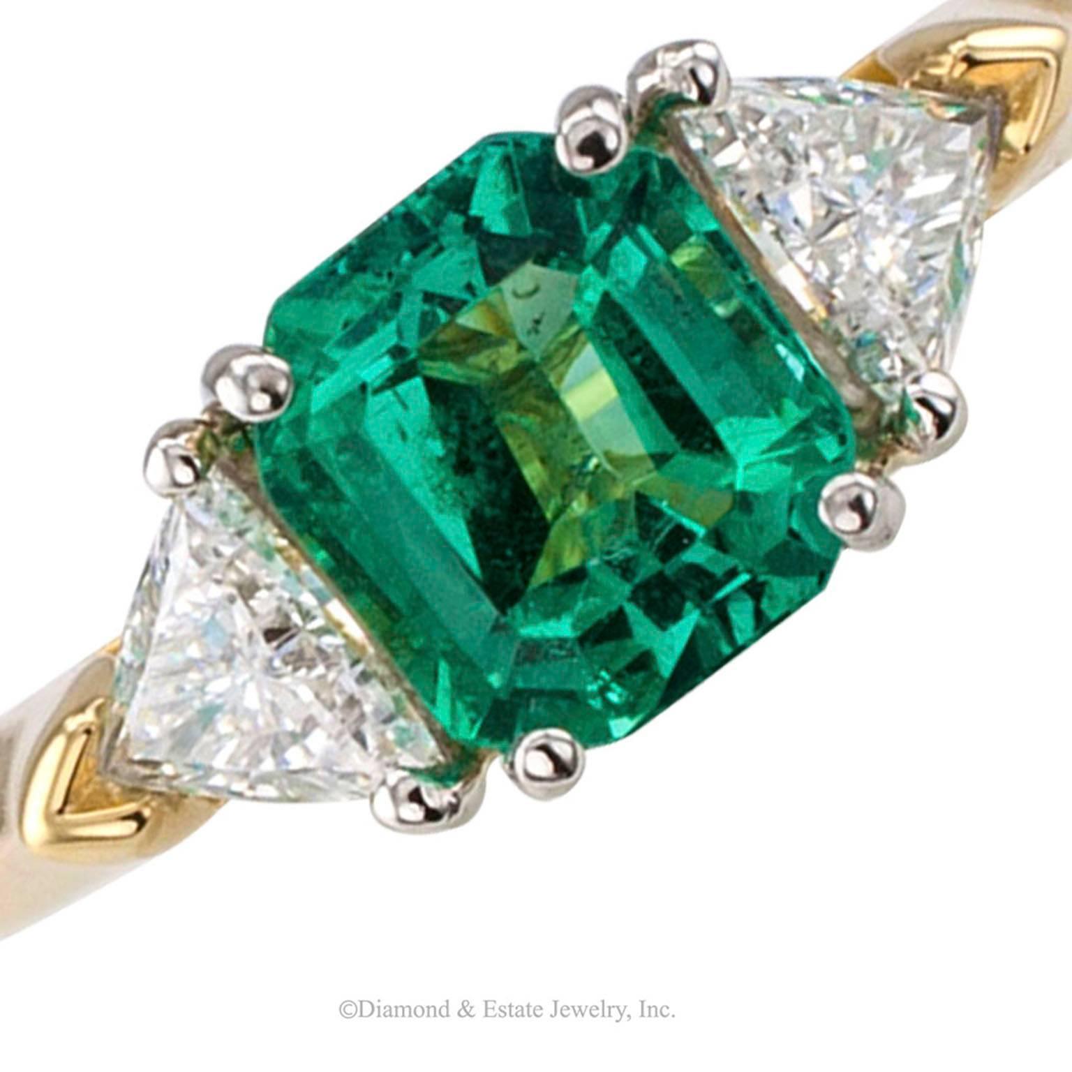 Emerald Diamond Gold Platinum Three-Stone Ring 1