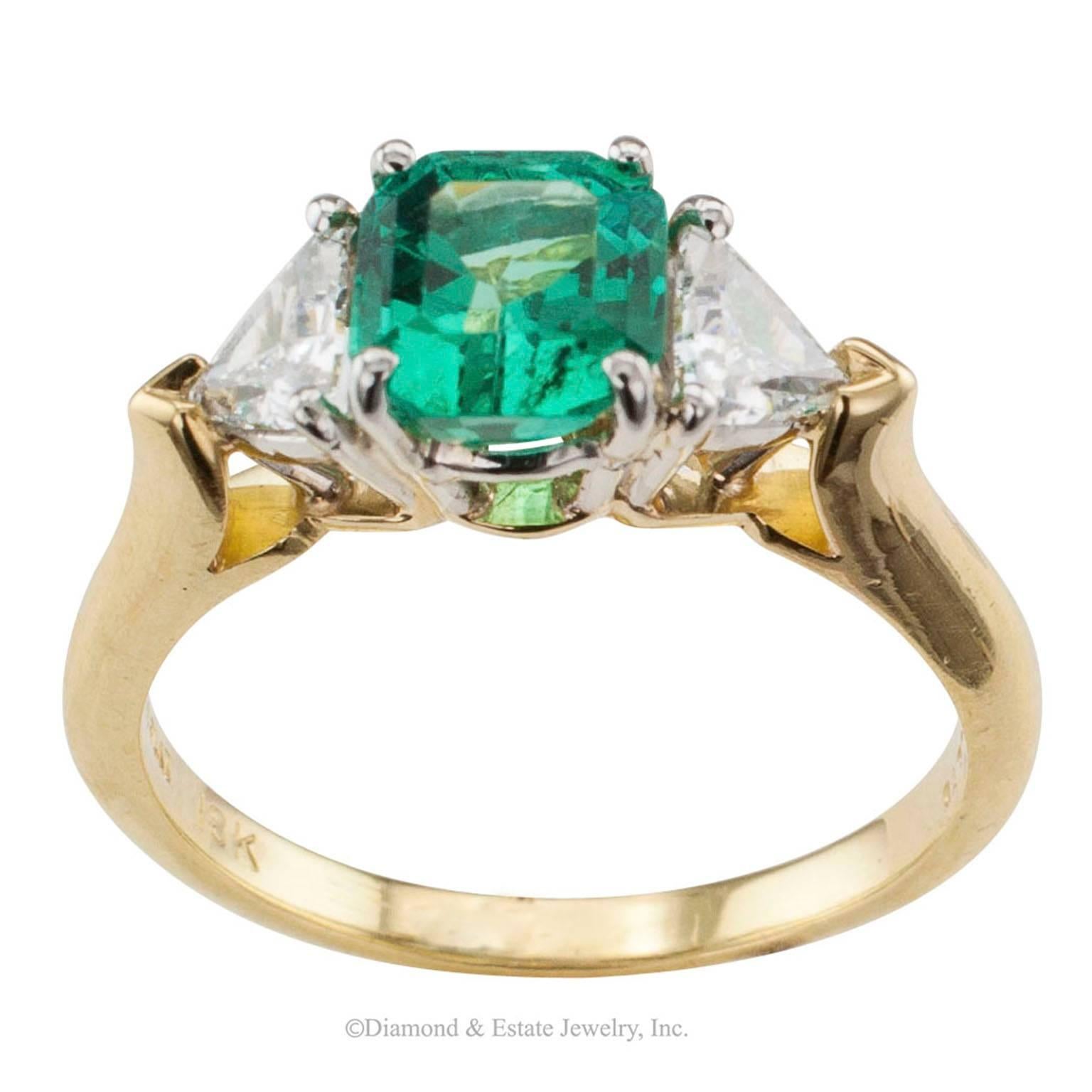 Women's or Men's Emerald Diamond Gold Platinum Three-Stone Ring