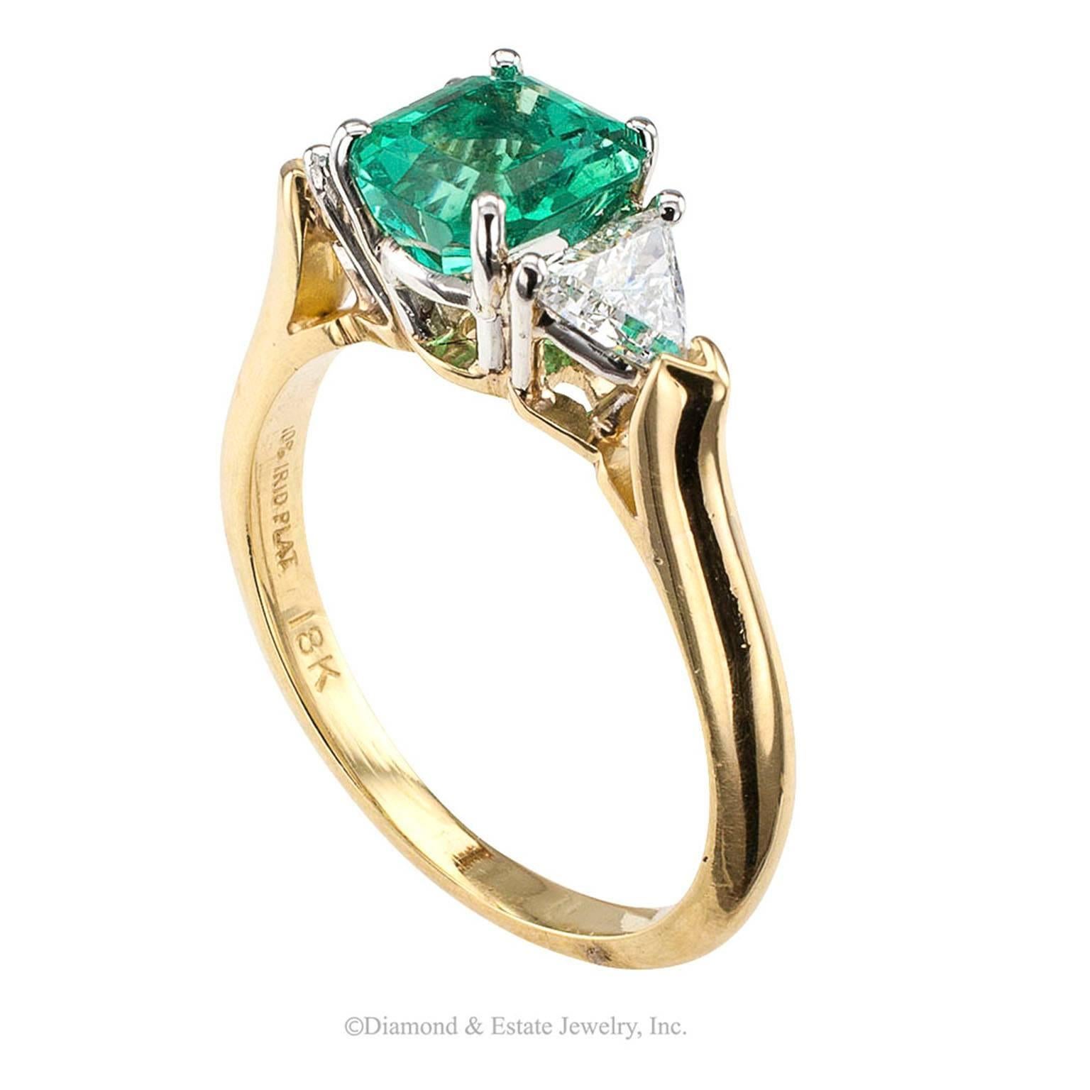 Emerald Diamond Gold Platinum Three-Stone Ring In Excellent Condition In Los Angeles, CA