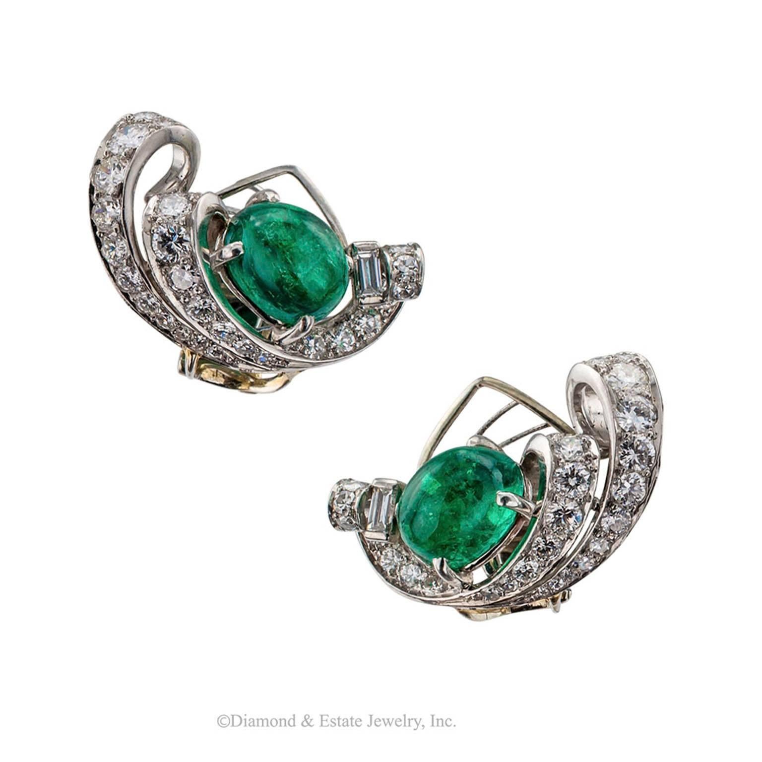 Art Deco 1930s Emerald Diamond Platinum Ear Clips