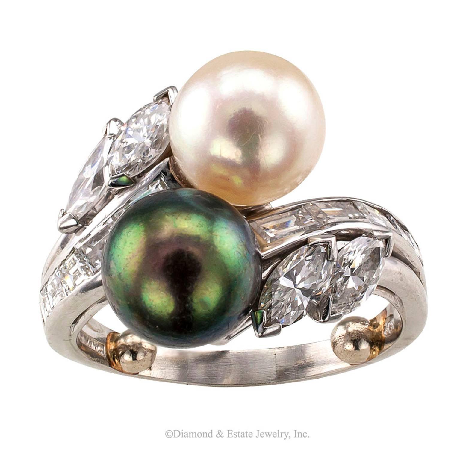 Gubelin Ying-Yang Pearl Diamond Platinum Bypass Ring 1950s  In Excellent Condition In Los Angeles, CA