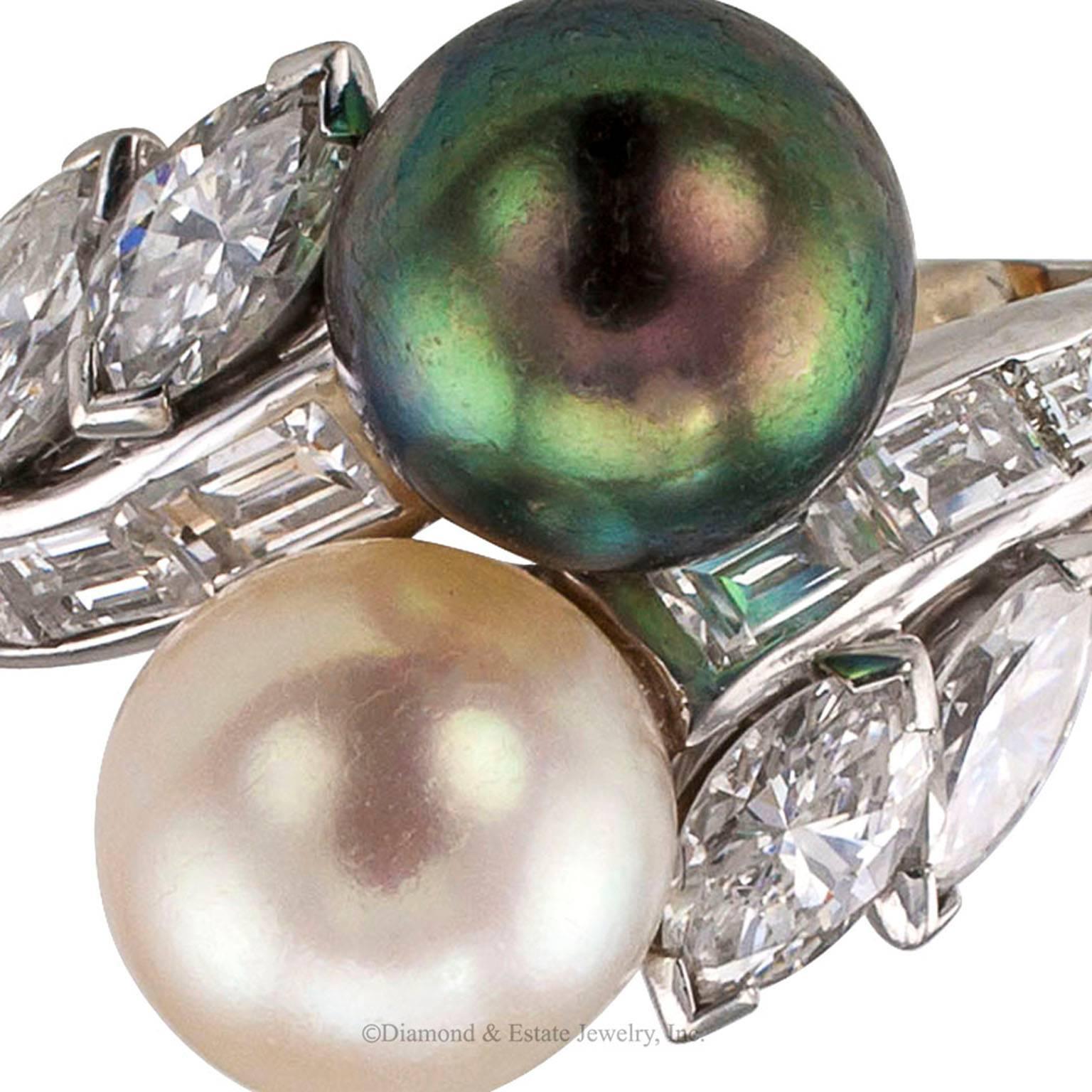 Gubelin Ying-Yang Pearl Diamond Platinum Bypass Ring 1950s  2