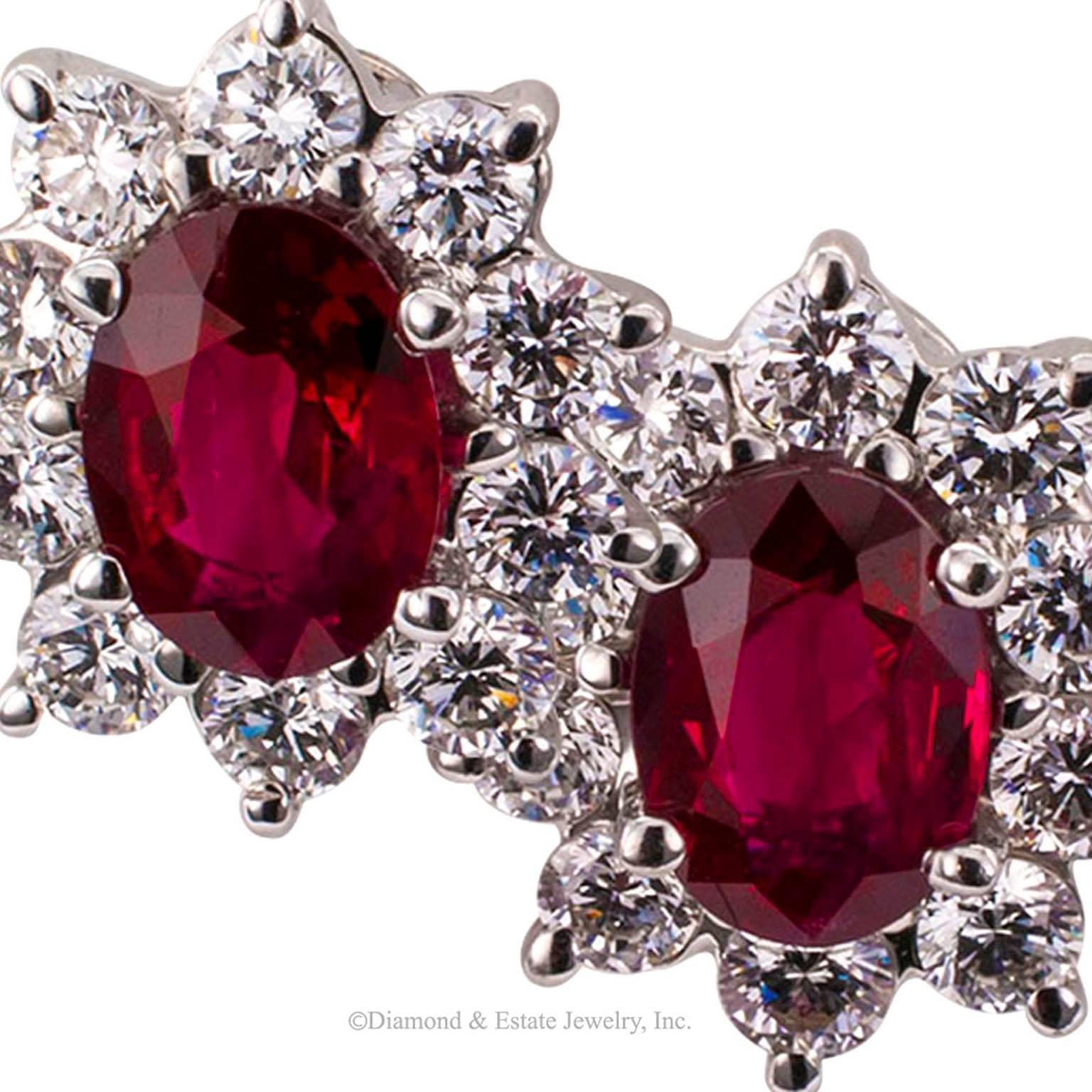 Women's or Men's Ruby Diamond White Gold Cluster Earrings