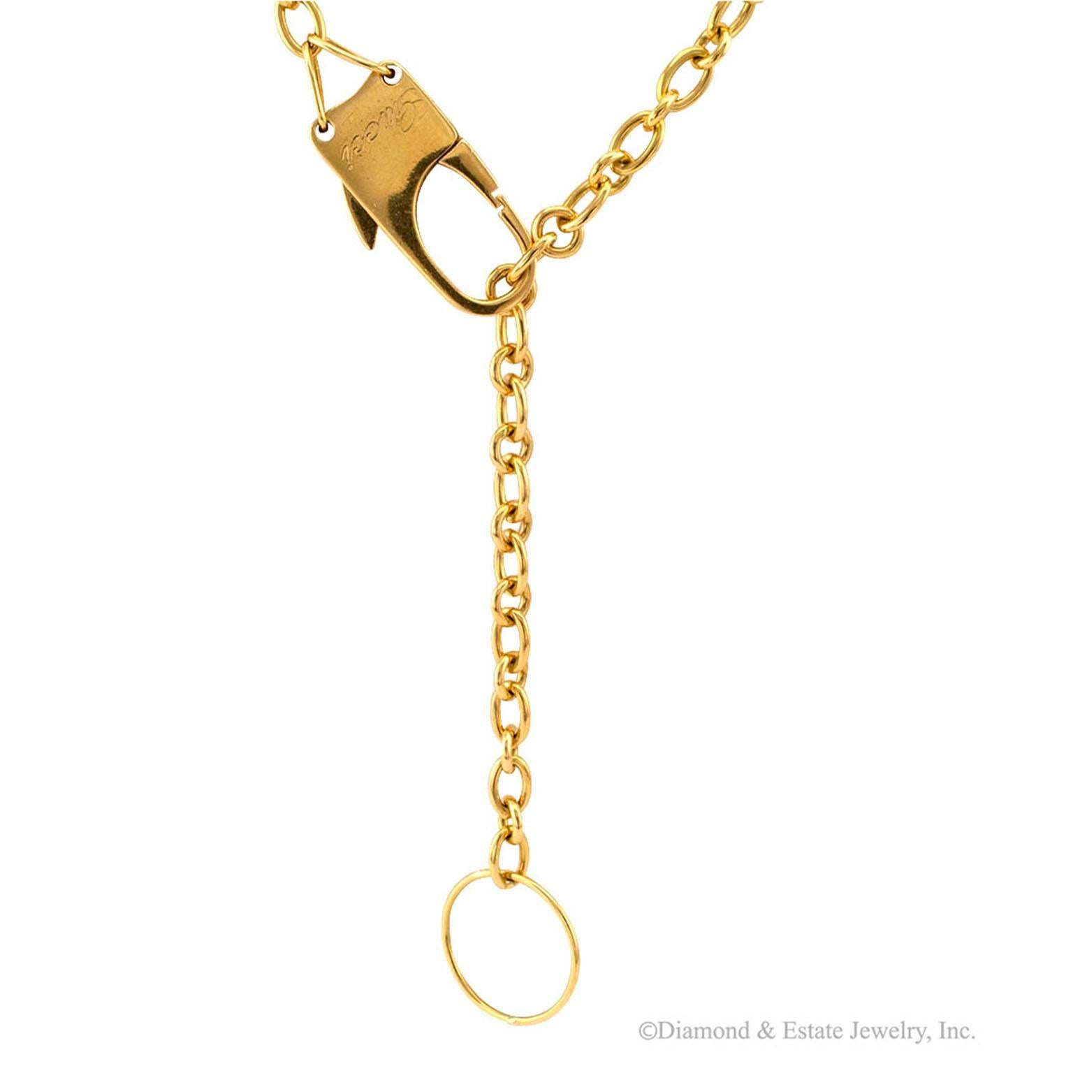 1970s Gucci Long Chain Necklace

Gucci long chain necklace with oversize lobster clasp and ring in 18-karat gold circa 1970.  The oversize lobster clasp is signed Gucci in large script and can be engaged anywhere along the necklace to alter its