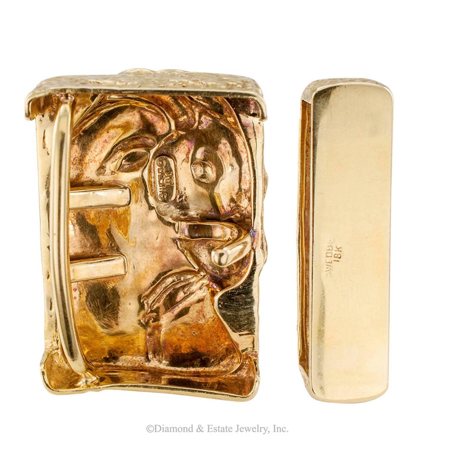 David Webb Capricorn Gold Belt Buckle

David Webb Capricorn gold belt buckle set circa 1960.  Comprising the buckle and coordinated belt loop, crafted in 18-karat yellow gold. The profile of Capricorn astrological symbol in relief on the buckle