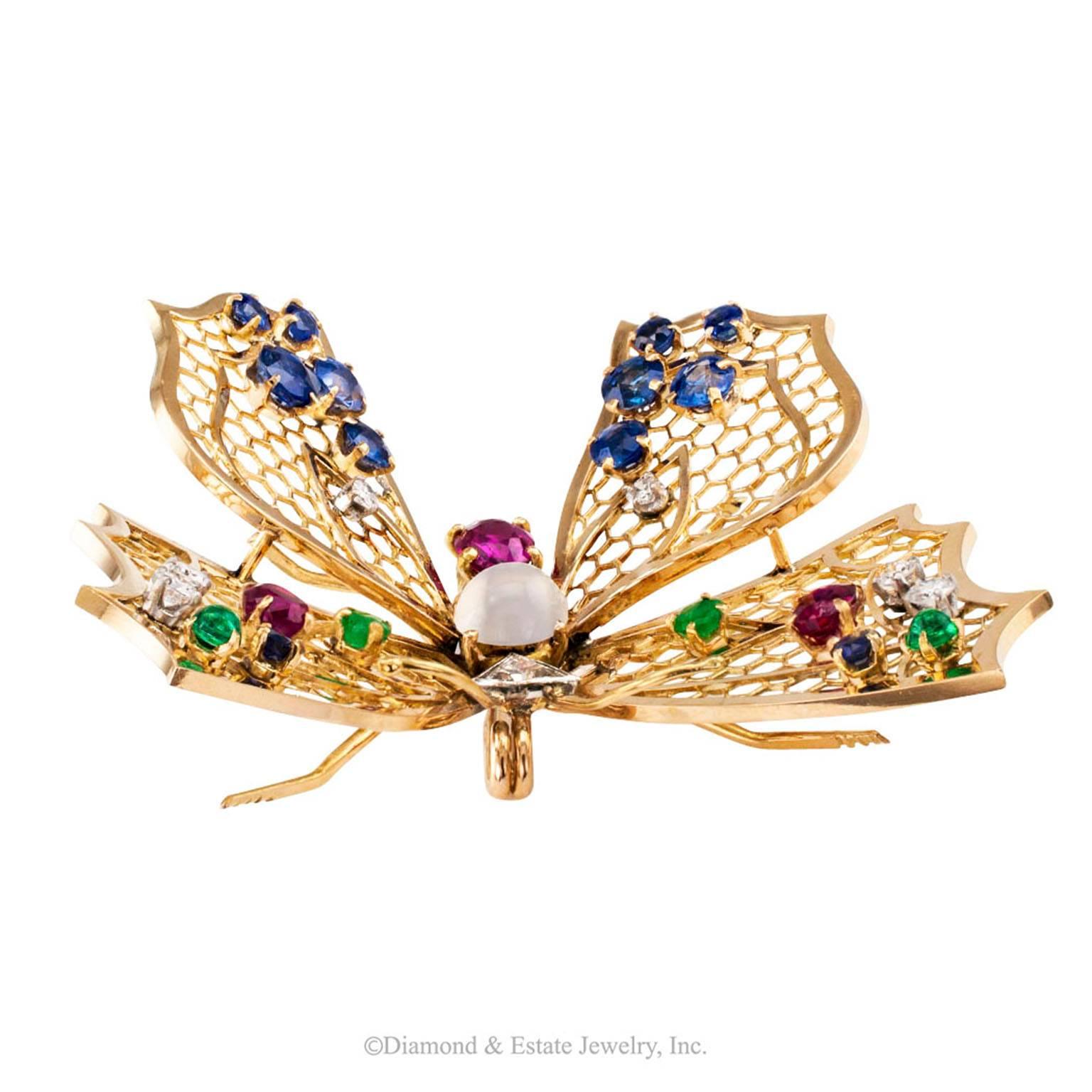 Modernist Butterfly Gold Gemstone Brooch