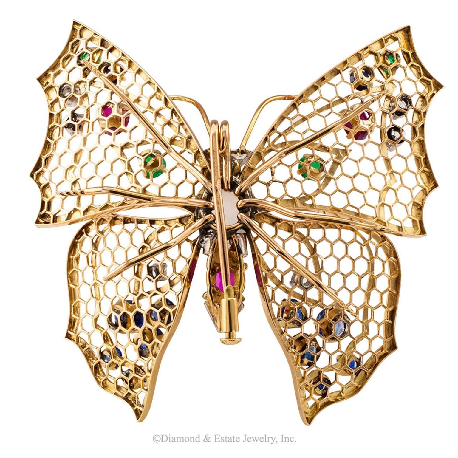 Women's or Men's Butterfly Gold Gemstone Brooch