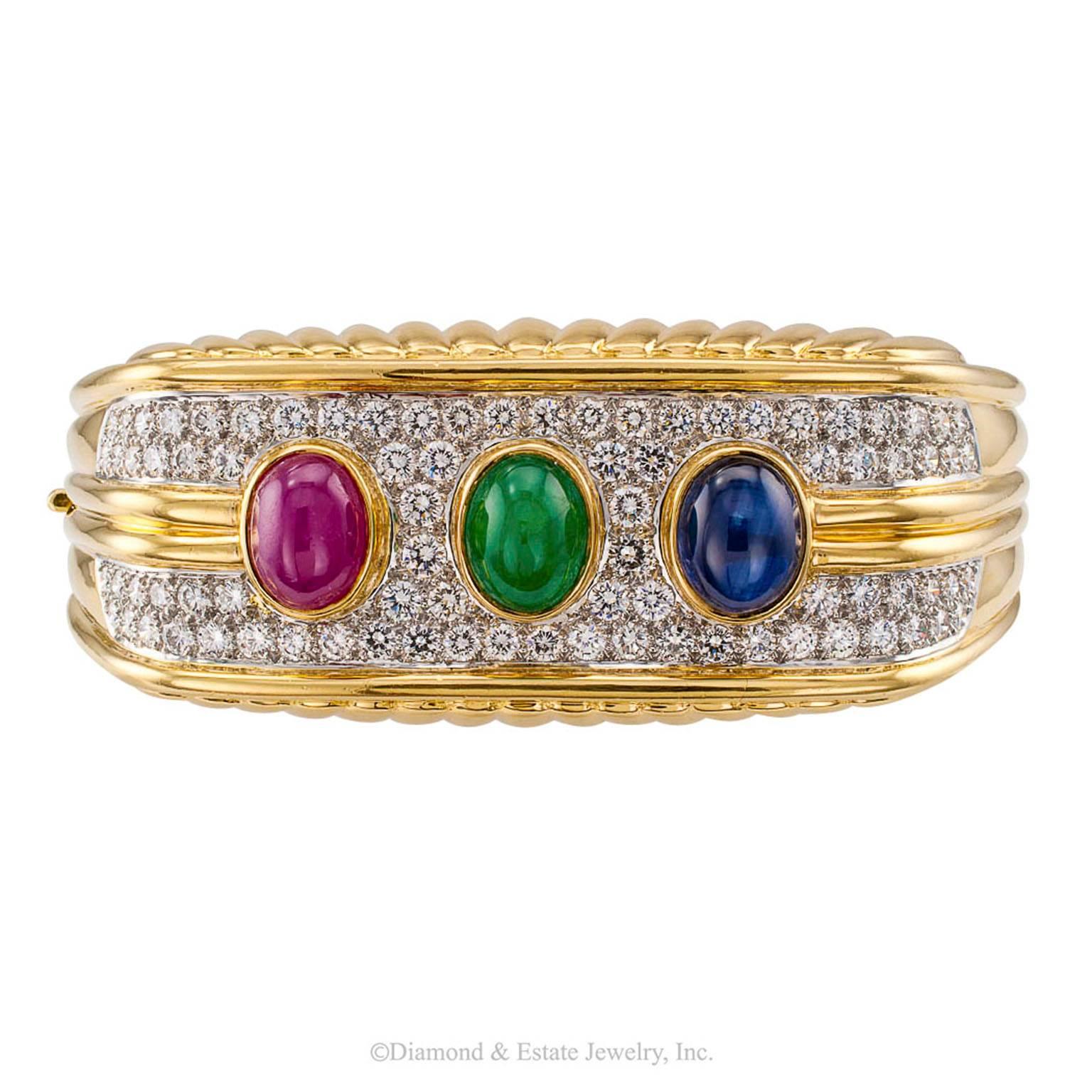 Contemporary 1980s Diamond Emerald Ruby Sapphire Yellow Gold Bangle Bracelet
