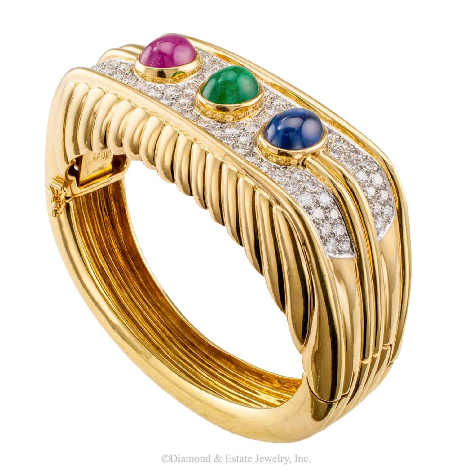 Cabochon 1980s Diamond Emerald Ruby Sapphire Yellow Gold Bangle Bracelet
