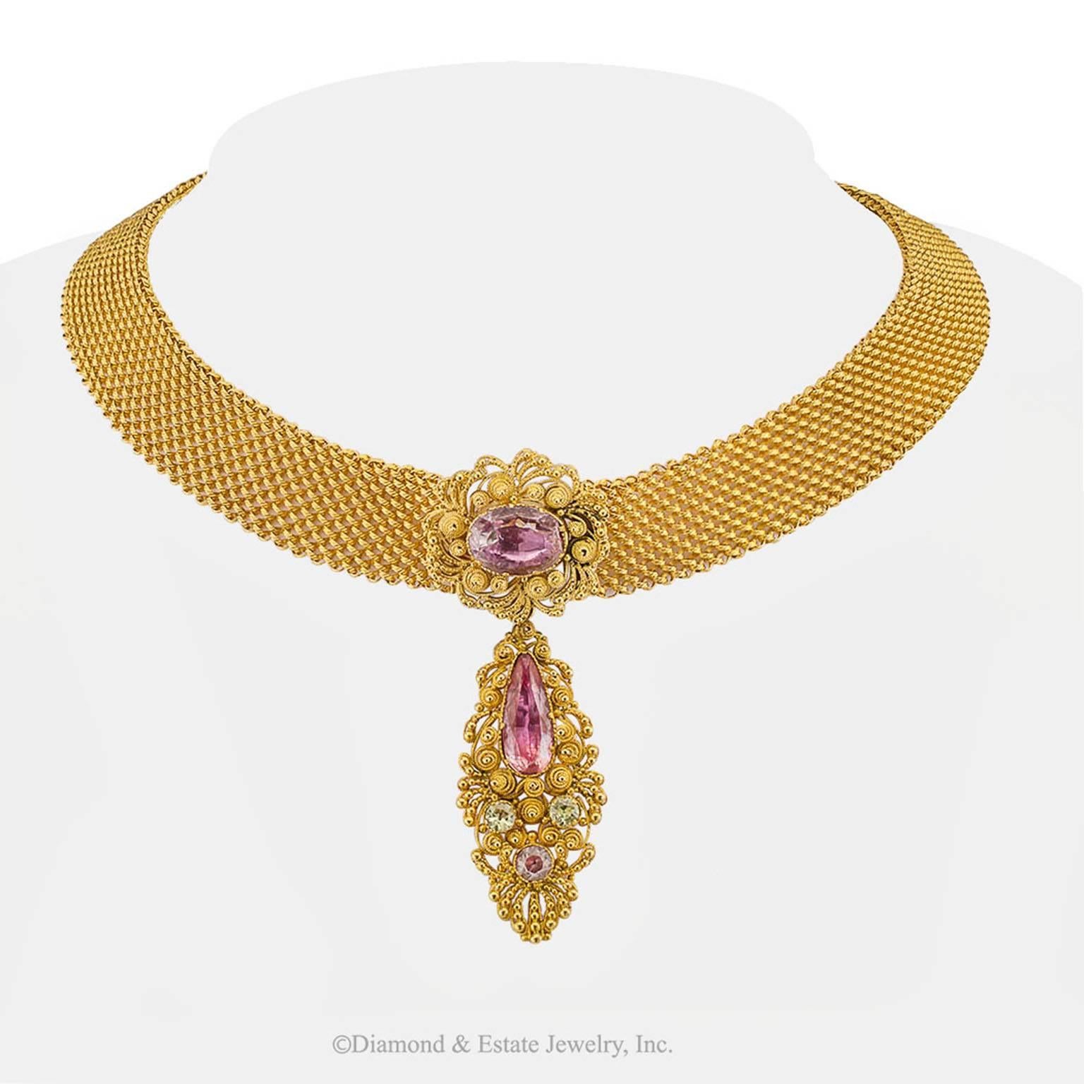 1830s English Georgian Pink Topaz Cannetille Gold Choker In Excellent Condition In Los Angeles, CA