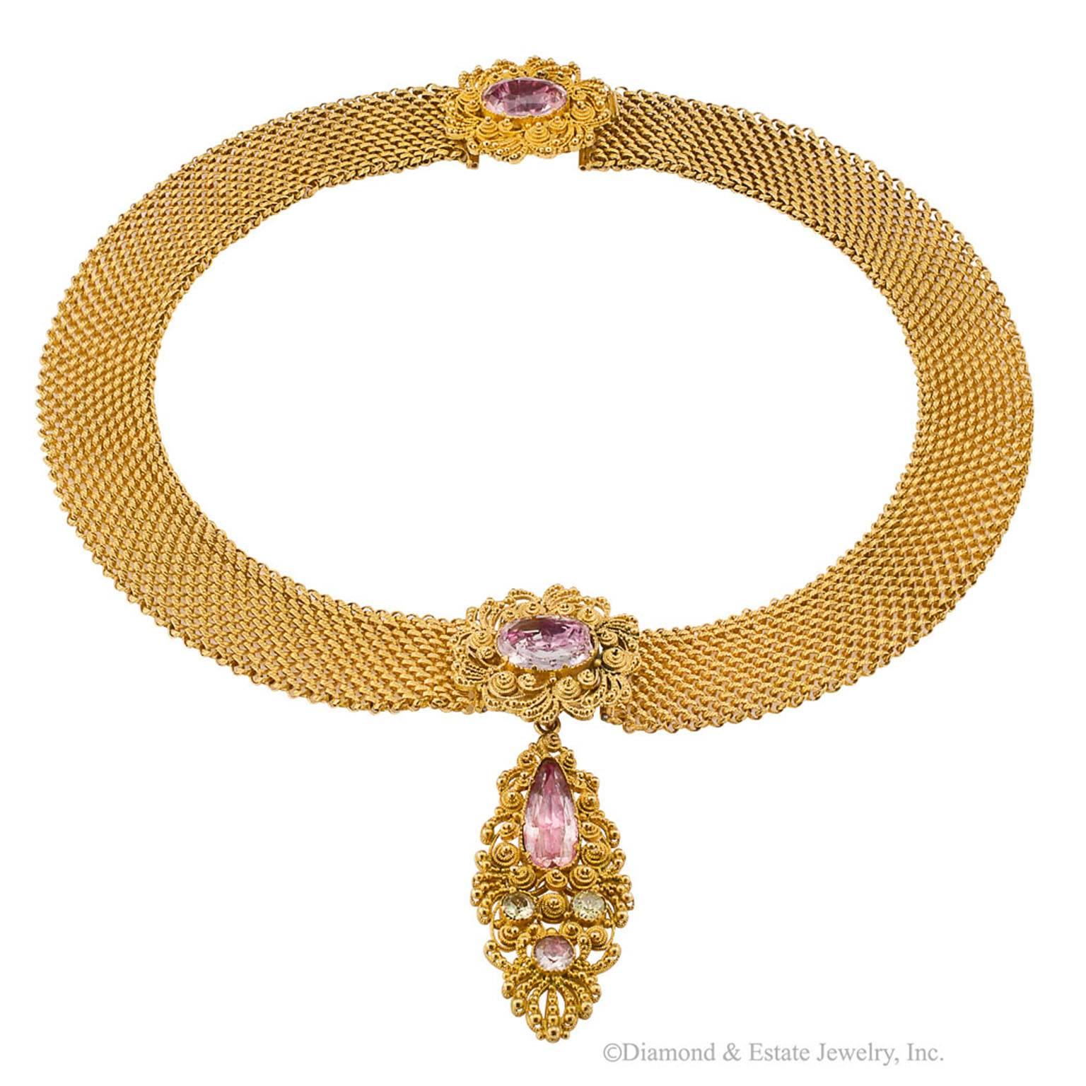 Women's 1830s English Georgian Pink Topaz Cannetille Gold Choker