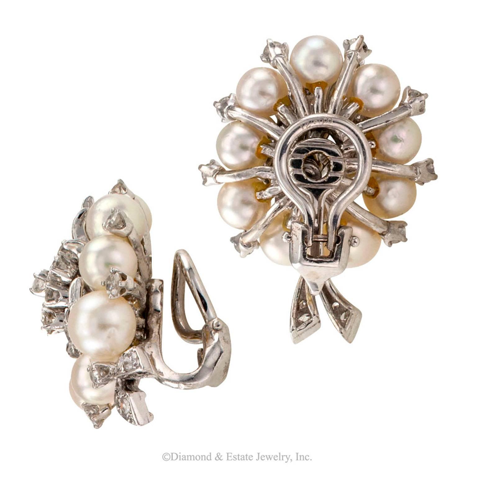 Modern 1950s Cultured Pearl Diamond Gold Ear Clips