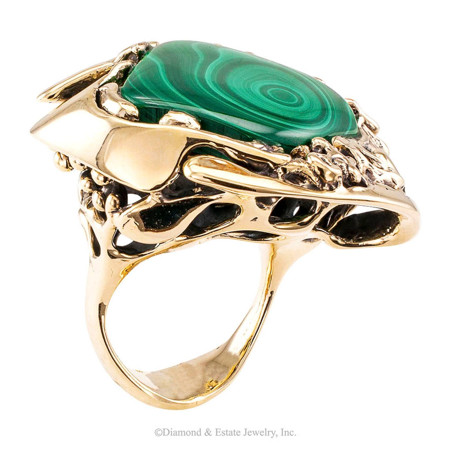 Women's or Men's 1960s Modernist Abstract Malachite Bullseye Gold Ring
