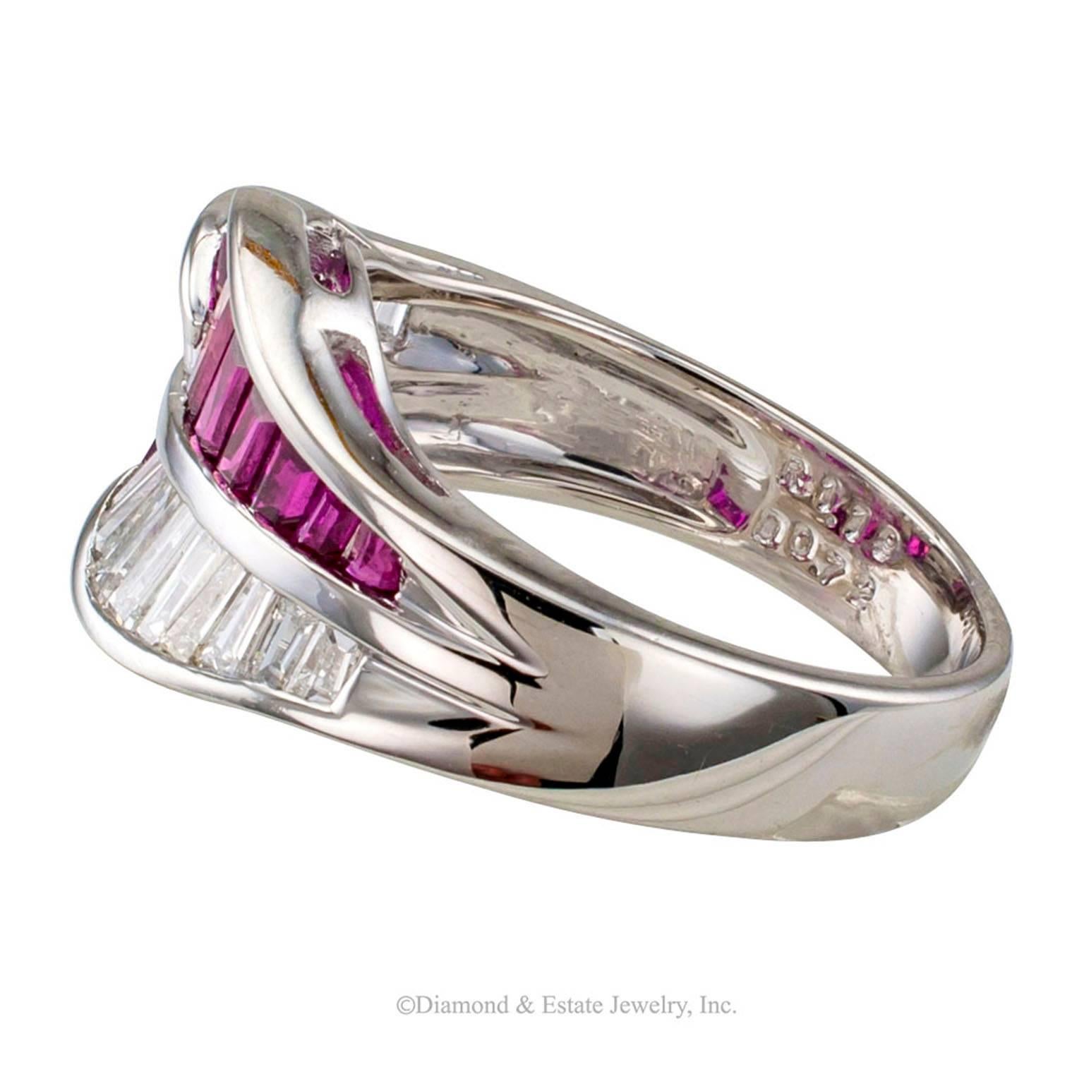 Baguette Cut Baguette Ruby Diamond Platinum Bypass Band Ring 