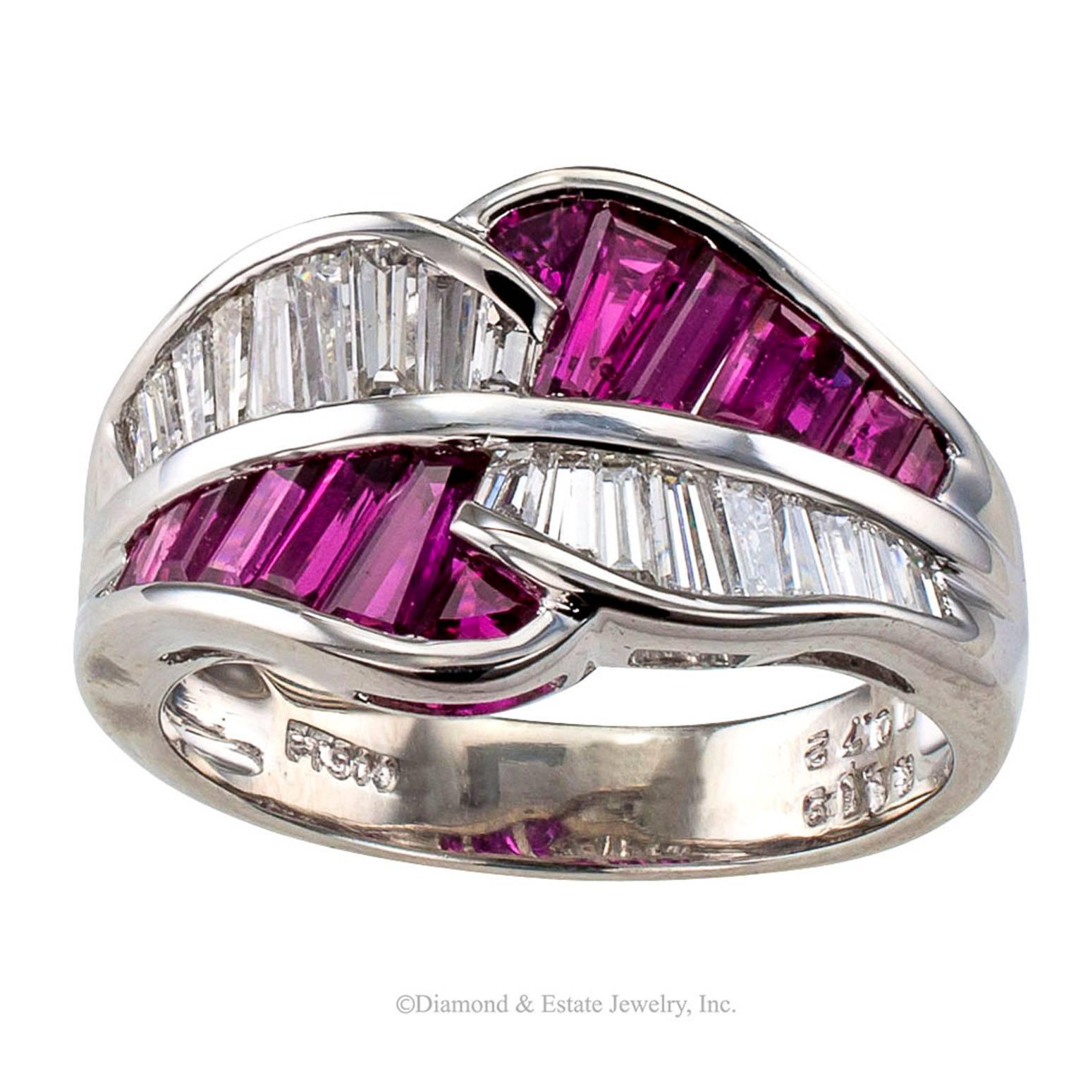 Baguette Ruby Diamond Bypass Platinum Ring Band

Bypass 1.19 carats rubies and 0.72 carat diamonds platinum ring band circa 1990.  Stone weights are engraved inside the ring's shank.  The retro inspired bypass design has an eye catching color play