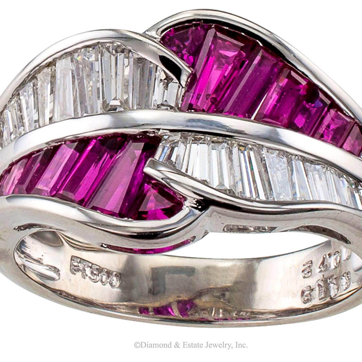 Women's or Men's Baguette Ruby Diamond Platinum Bypass Band Ring 