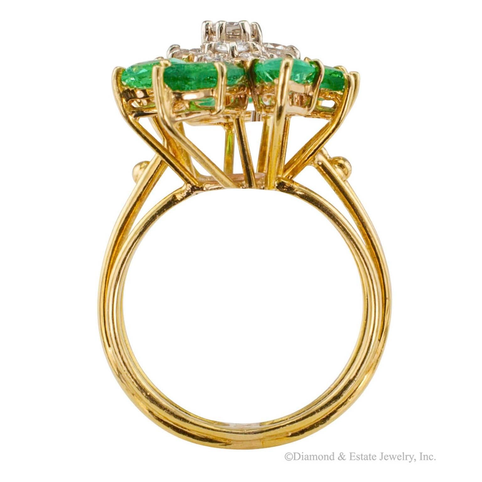 Modern 1970s Emerald Diamond Gold Cocktail Ring