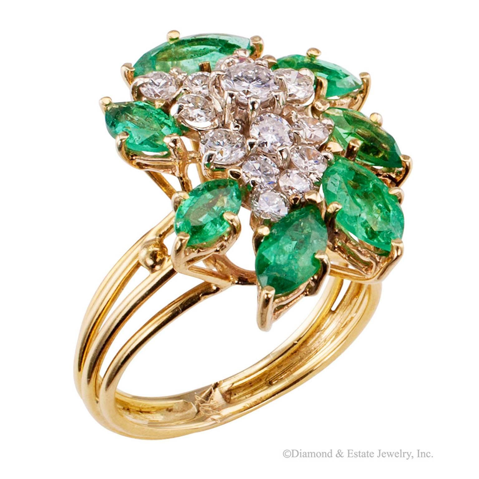 1970s Emerald Diamond Gold Cocktail Ring 1