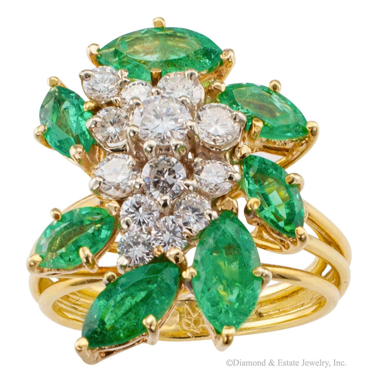 Women's 1970s Emerald Diamond Gold Cocktail Ring
