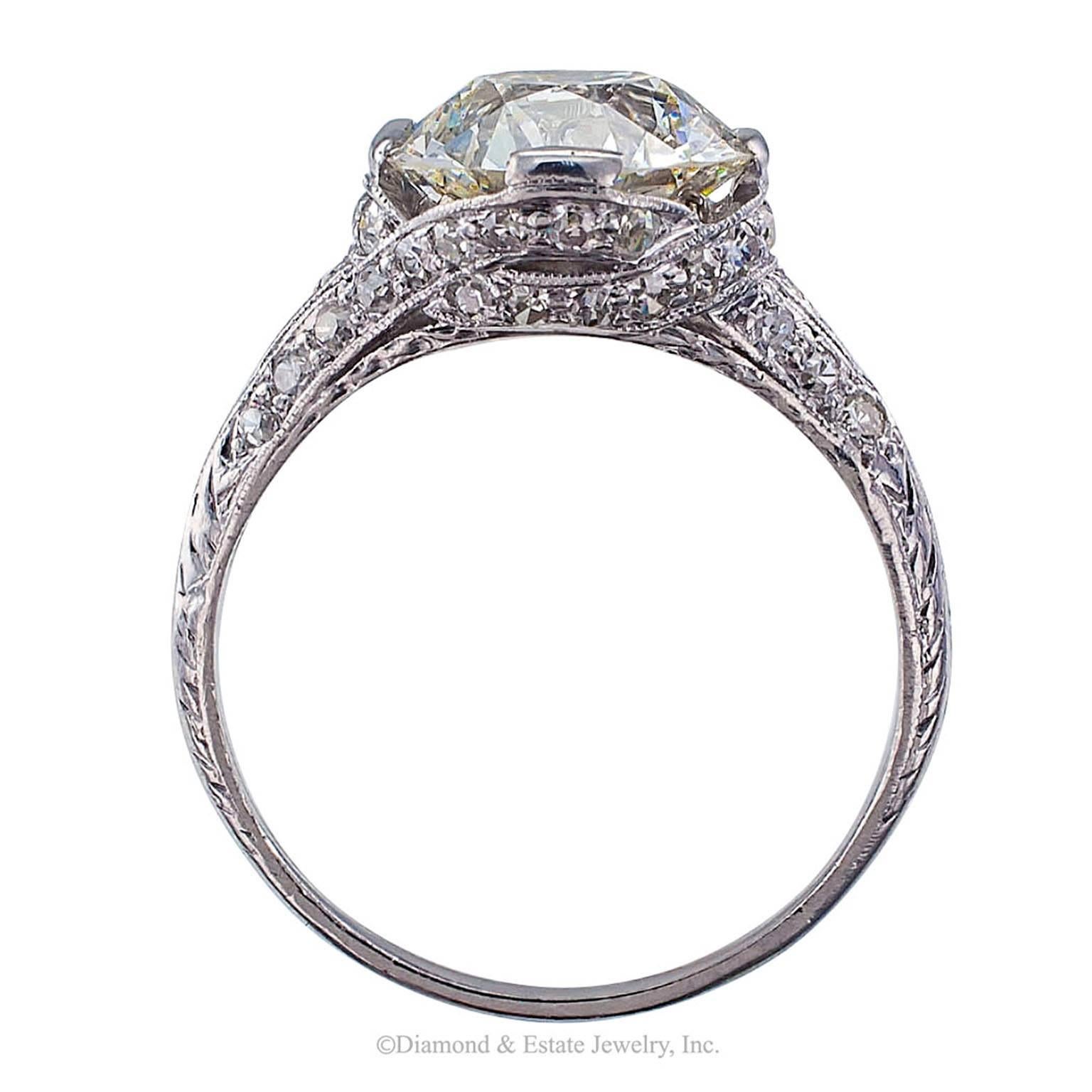 GIA 2.73 Carats Edwardian Platinum Engagement Ring

GIA 2.73 carats J color and SI1 clarity Edwardian diamond and platinum engagement ring circa 1910.  The diamond solitaire ring features an old European-cut diamond weighing 2.73 carats accompanied