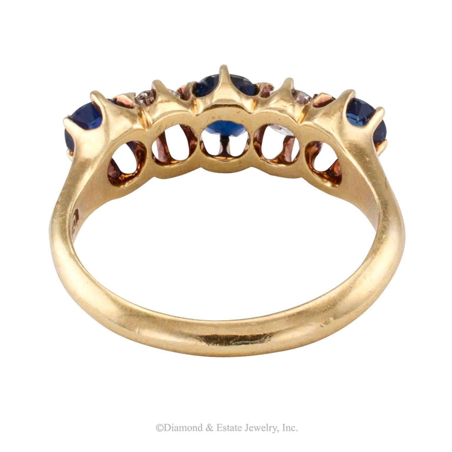 G. Seifert Victorian Diamond Sapphire Five-Stone Gold Ring Band In Excellent Condition In Los Angeles, CA