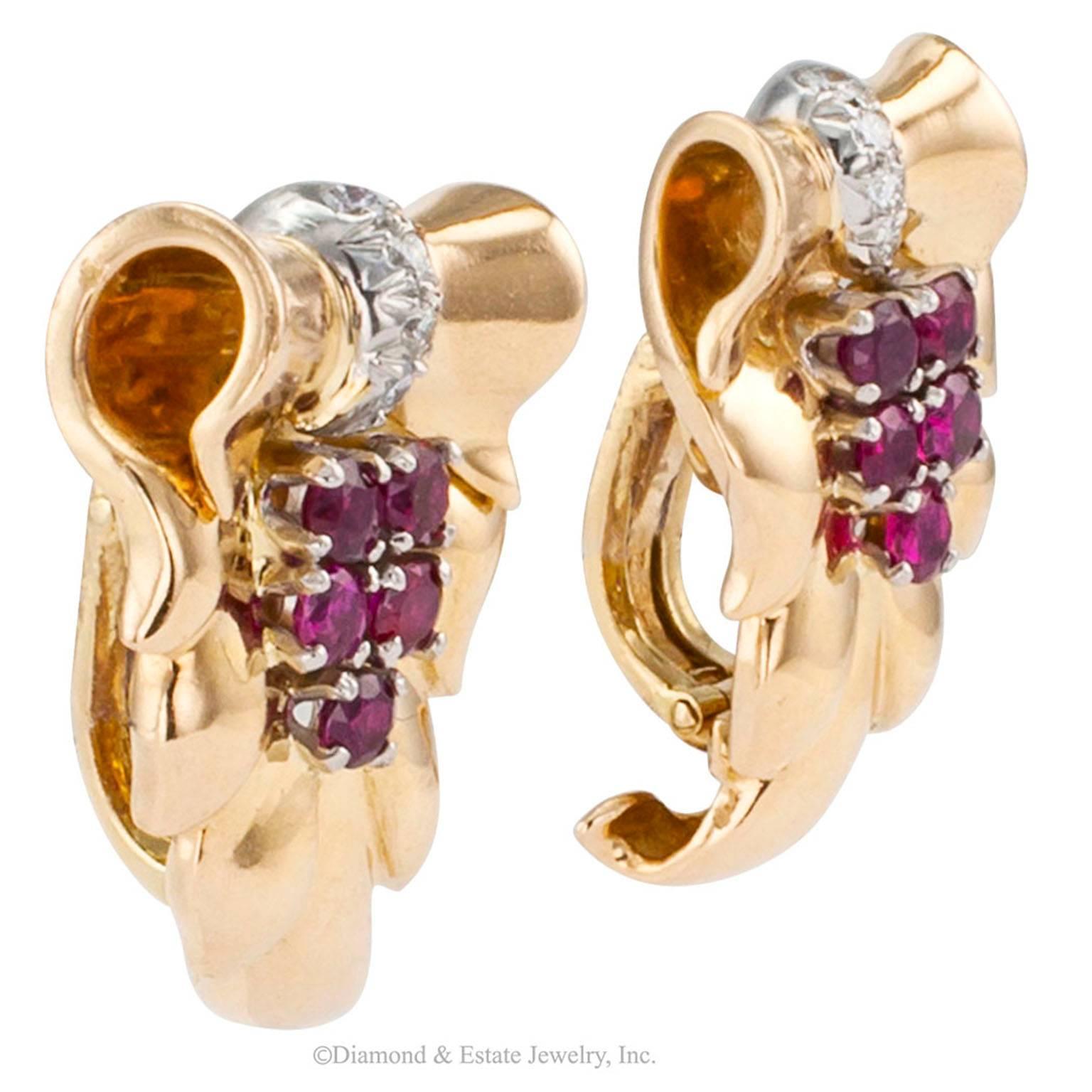 Tiffany & Co. Ruby Diamond Gold Acanthus Leaves Retro Ear Clips 1