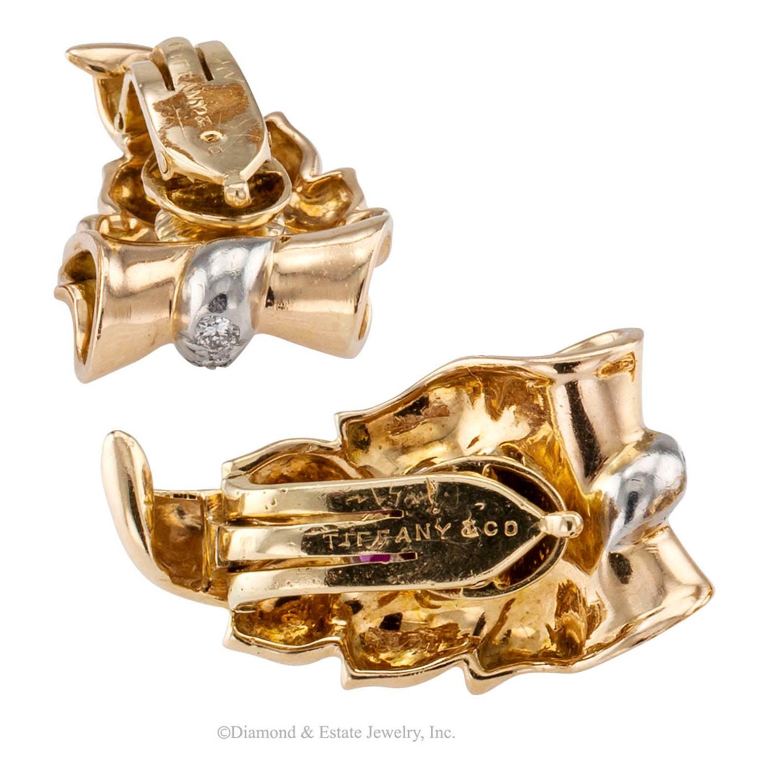 Women's Tiffany & Co. Ruby Diamond Gold Acanthus Leaves Retro Ear Clips