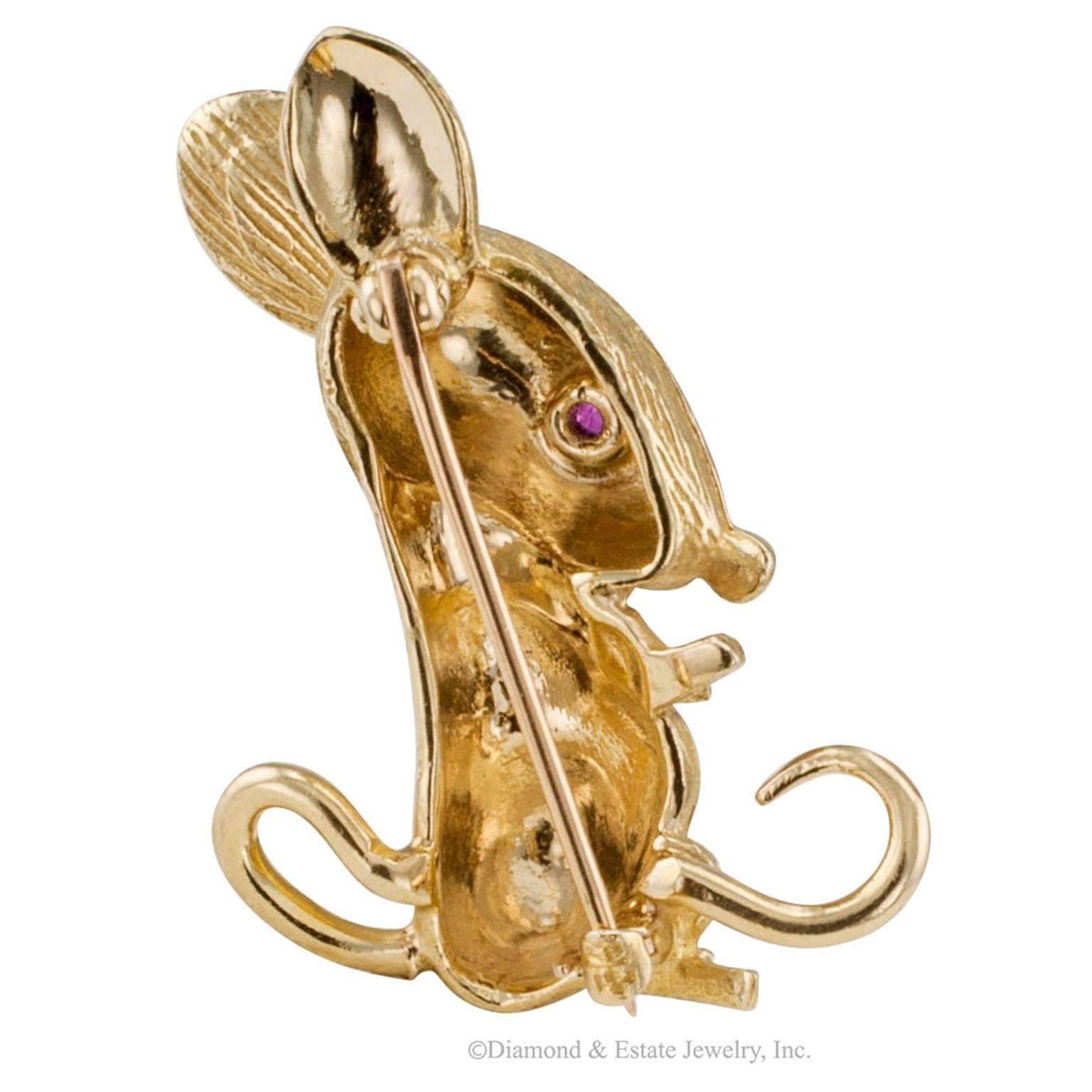 Contemporary 1960s Mouse Brooch Ruby Gold