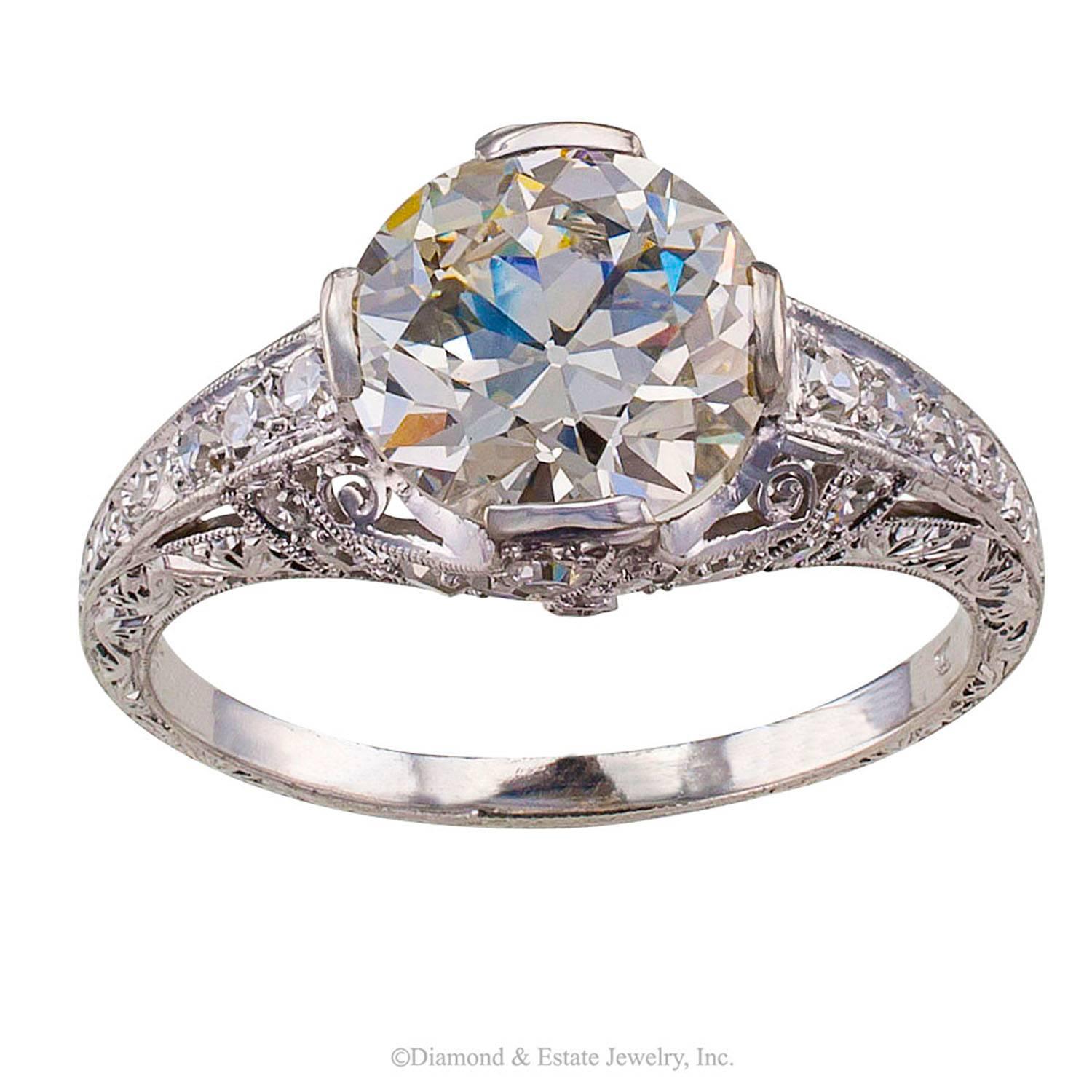 GIA 2.27 Carats Diamond Solitaire Art Deco Engagement Ring

GIA 2.27 carats K color VVS2 clarity Art Deco platinum engagement ring circa 1925.  Look closely and look all around as much as your browser will  allow feast your eyes  and take in the