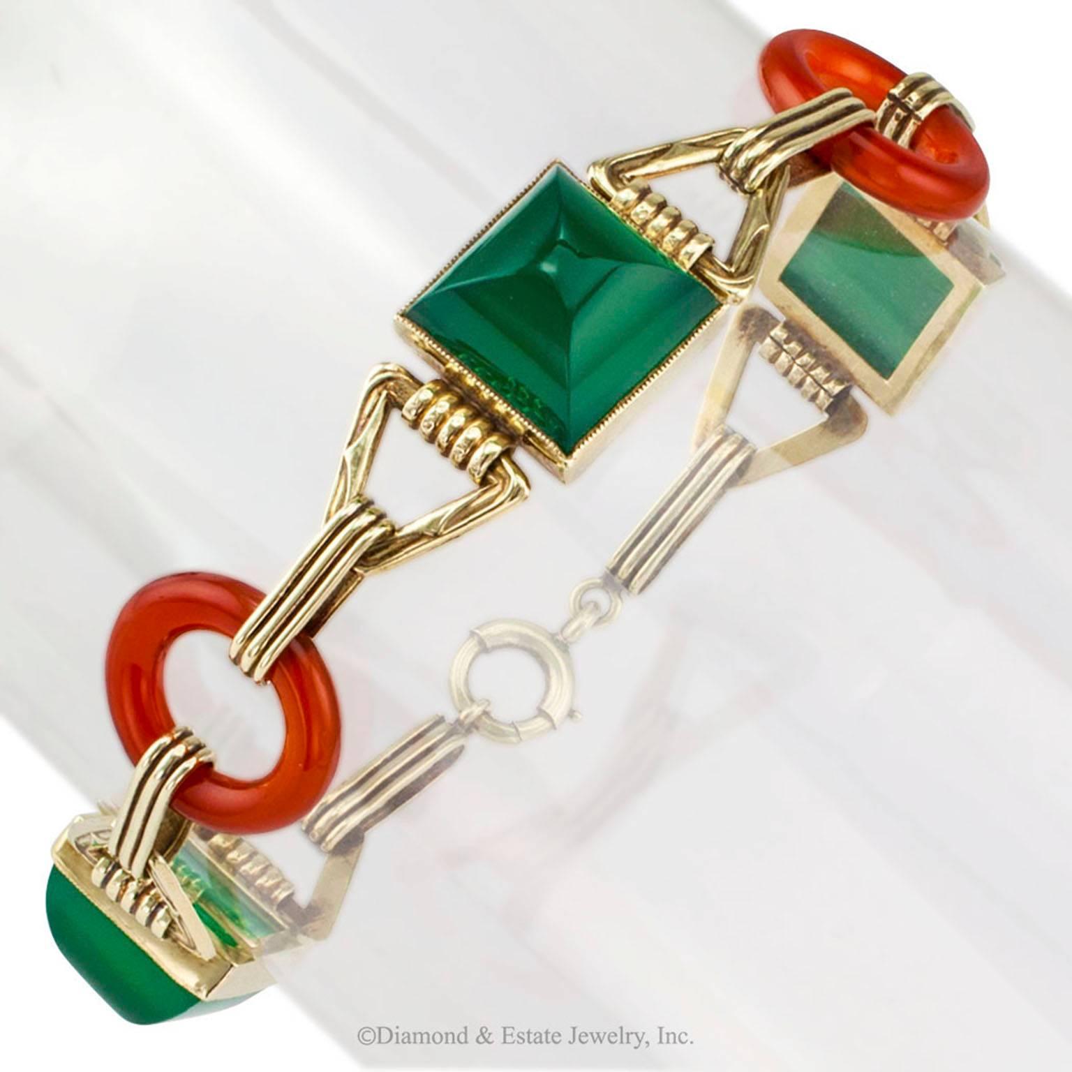 Art Deco 1930s Green Onyx Carnelian Gold Bracelet 1