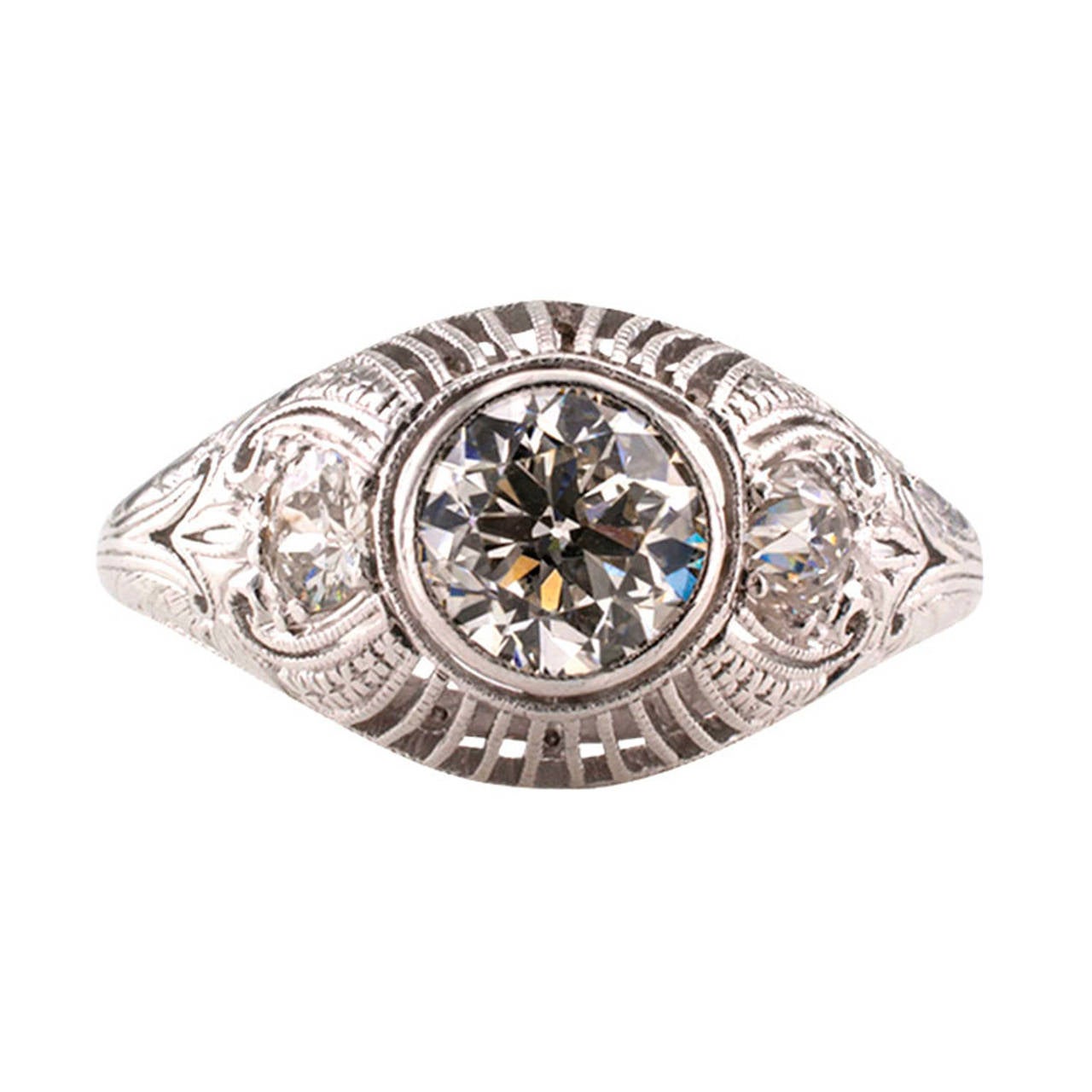 Women's or Men's Edwardian Three-Stone Diamond Platinum Engagement Ring