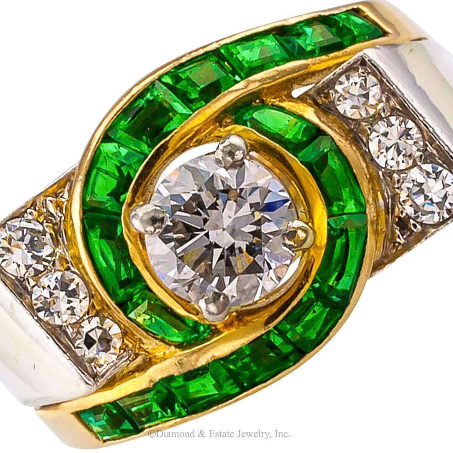 Modernist 1950s Emerald Diamond Gold Platinum Ring 3