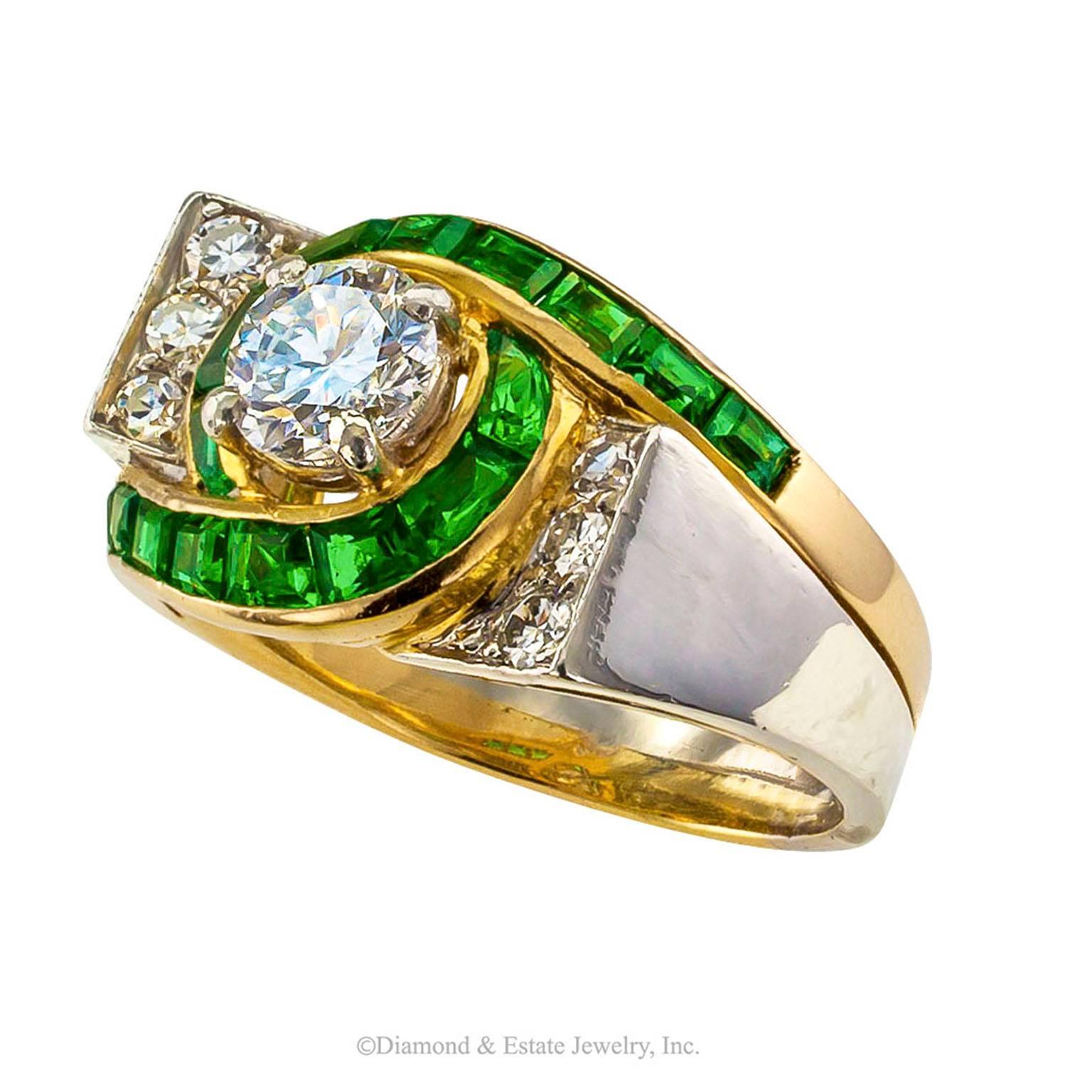 Modernist 1950s Emerald Diamond Gold Platinum Ring In Excellent Condition In Los Angeles, CA