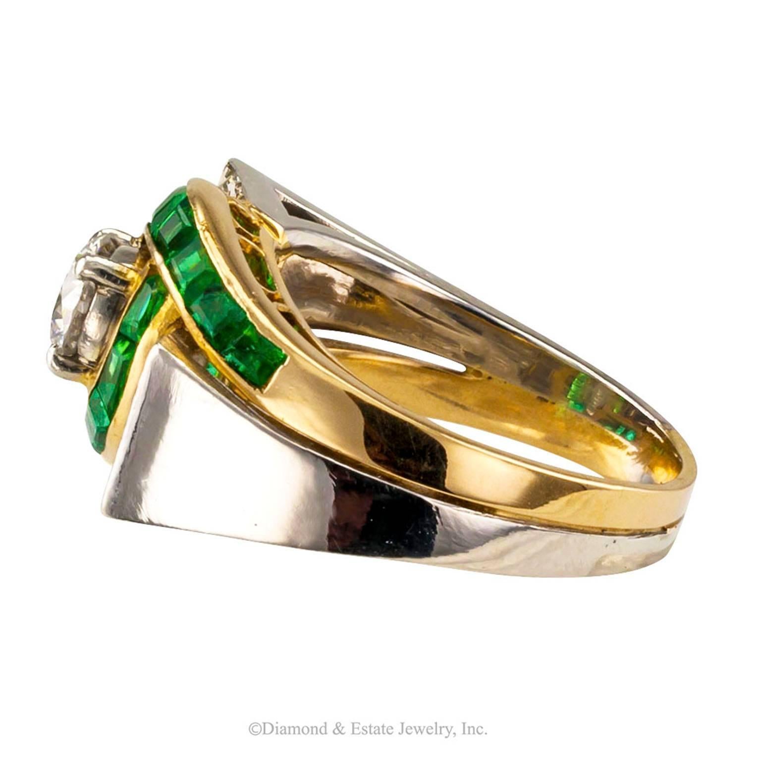 Women's or Men's Modernist 1950s Emerald Diamond Gold Platinum Ring