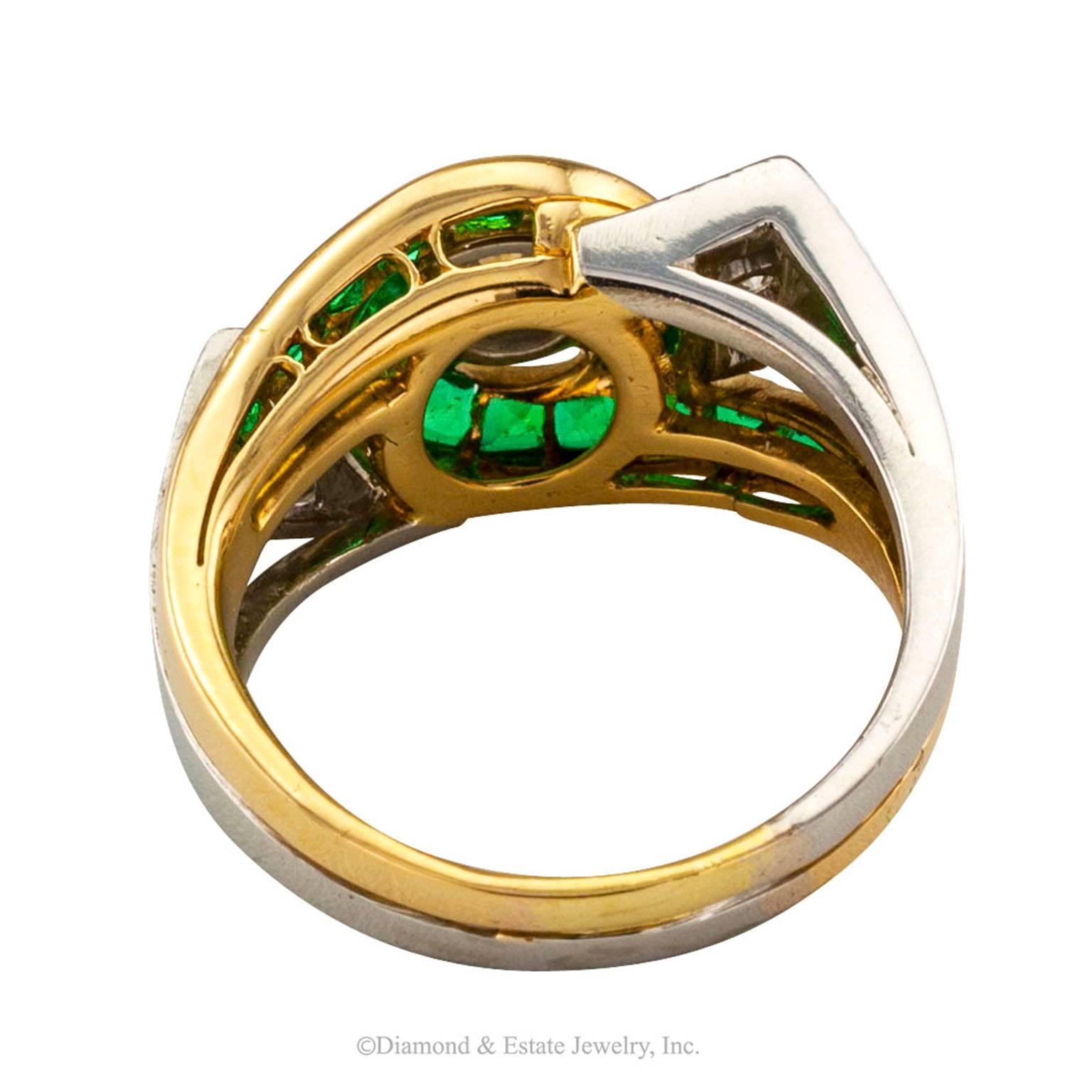 Modernist 1950s Emerald Diamond Gold Platinum Ring 1