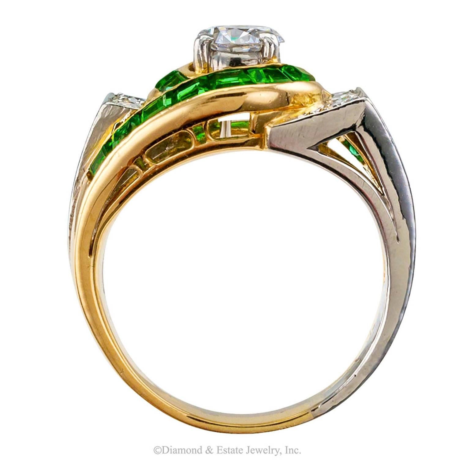 Modernist 1950s Emerald Diamond Gold Platinum Ring 2