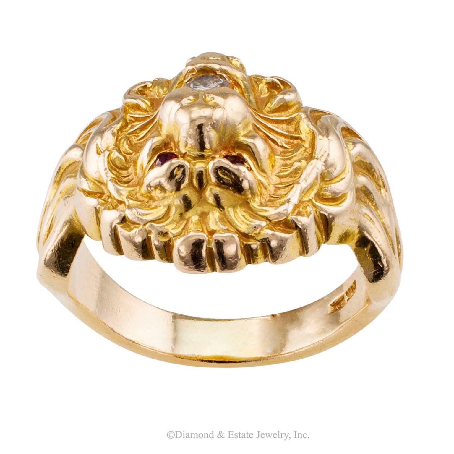 gold lion ring with ruby eyes