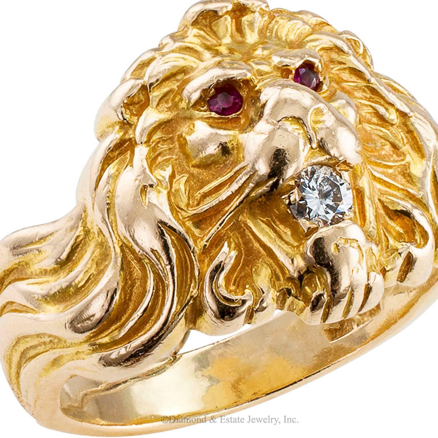 Women's or Men's 1930s Lion Head Ring Ruby Diamond Gold