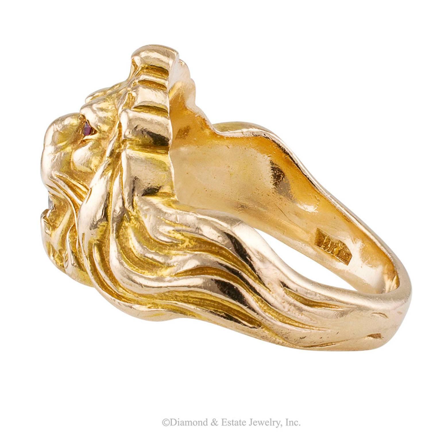 gold lion head ring with ruby eyes