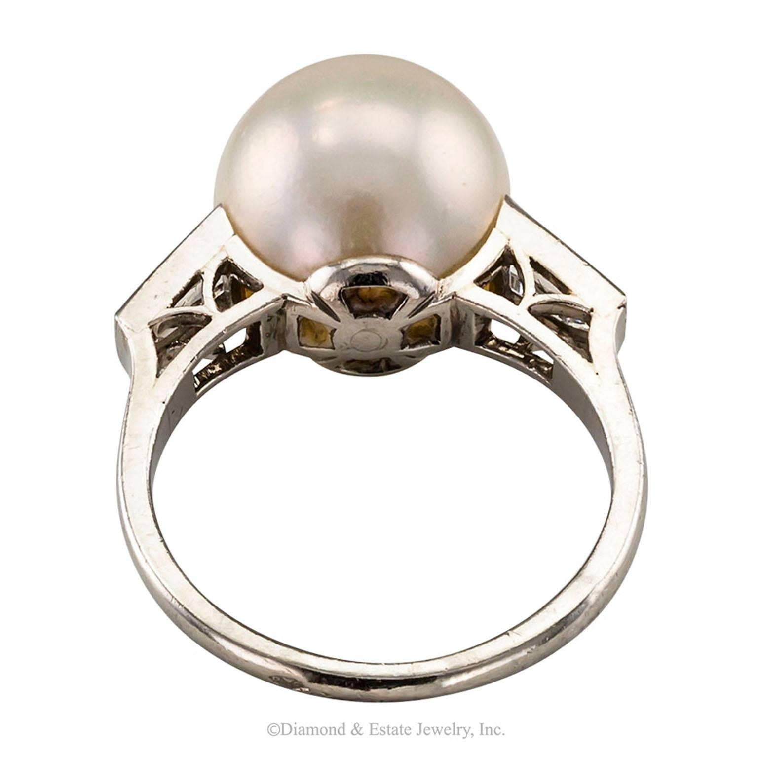 Women's Mid-Century French South Sea Pearl Diamond Platinum Ring