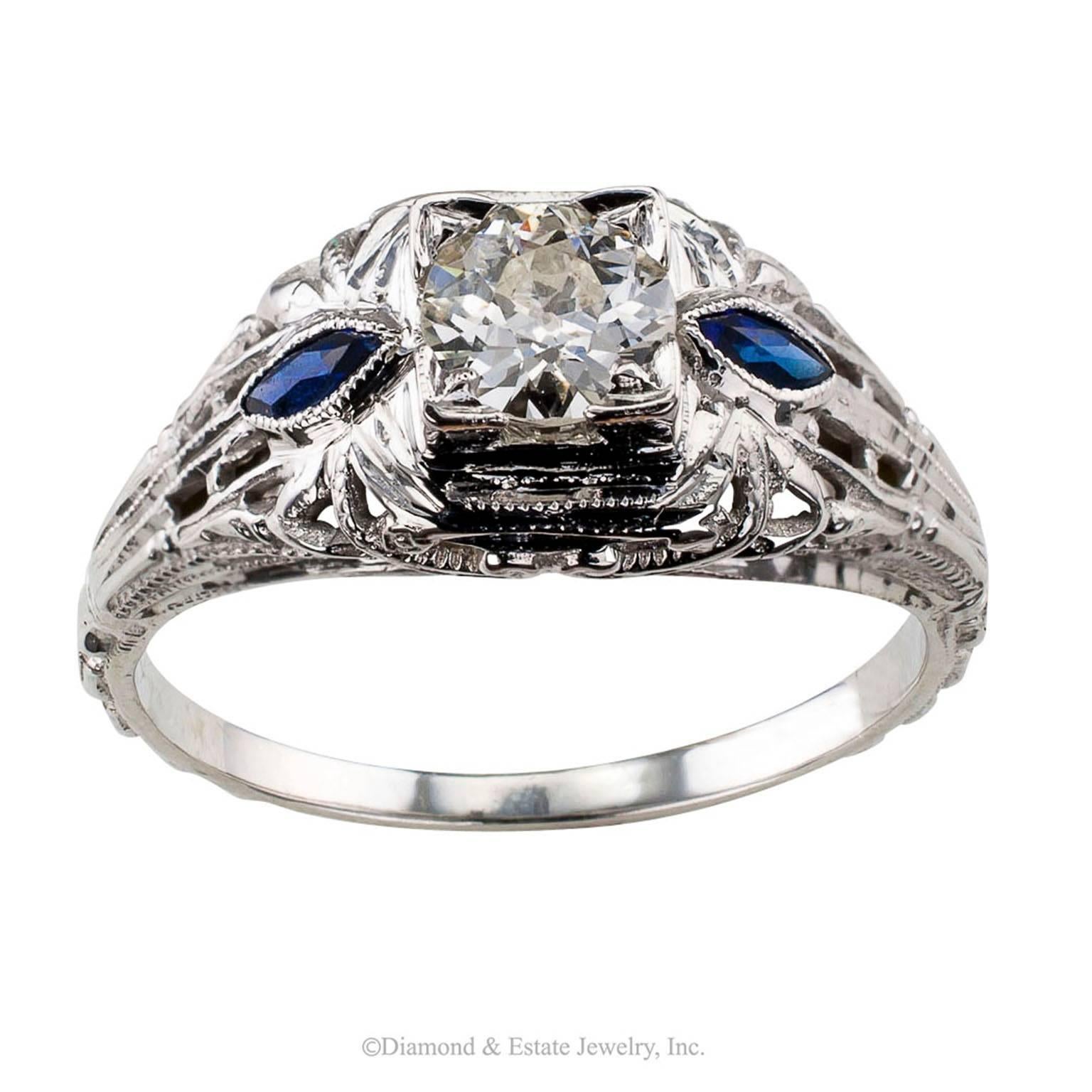 1930s Art Deco Old European-cut 0.42 Carat Diamond Engagement Ring

Art Deco 1930s old European-cut 0.42 carat diamond engagement ring mounted in 18-karat white gold circa 1930.  Showcasing an old European-cut diamond weighing 0.42 carat,
