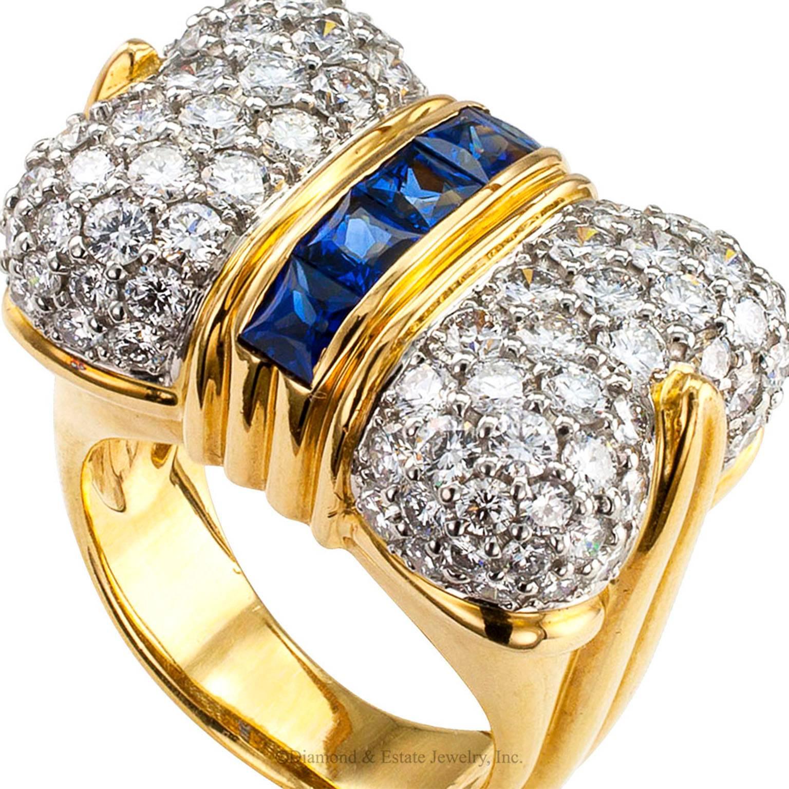 1980s Bow Ring Diamond Sapphire Gold Platinum 1