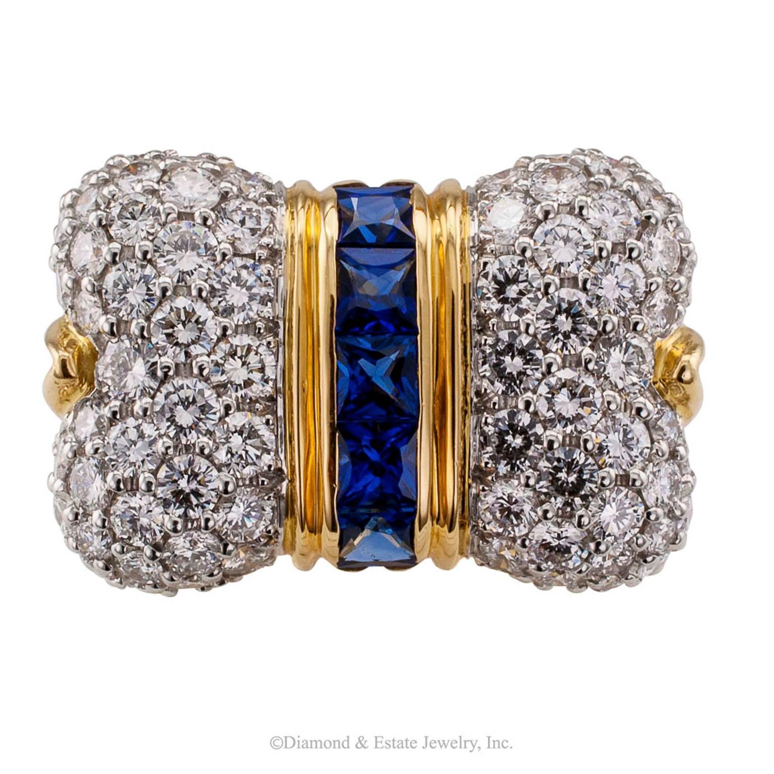 Contemporary 1980s Bow Ring Diamond Sapphire Gold Platinum