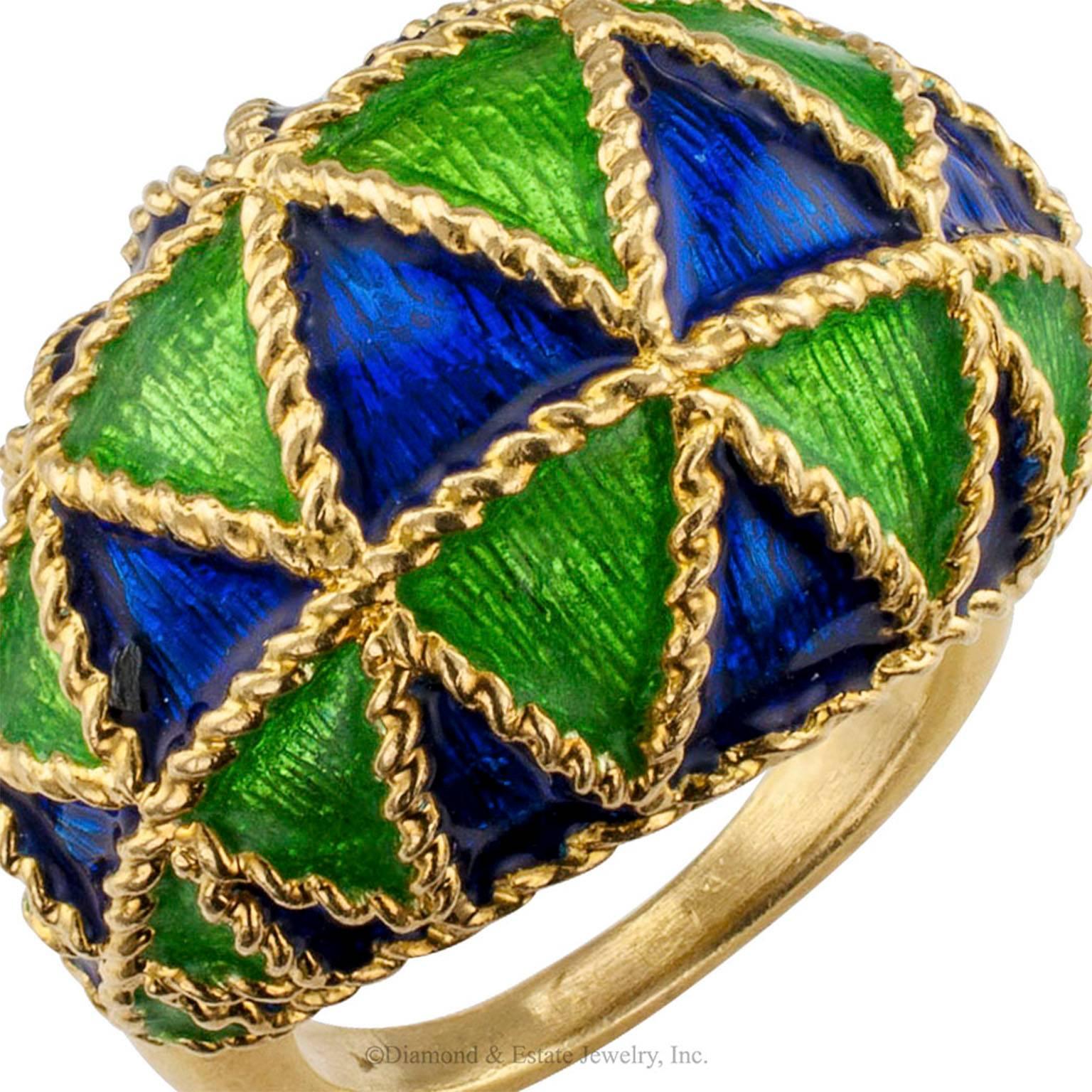 1970s Domed Gold Ring with Blue and Green Enamel 1