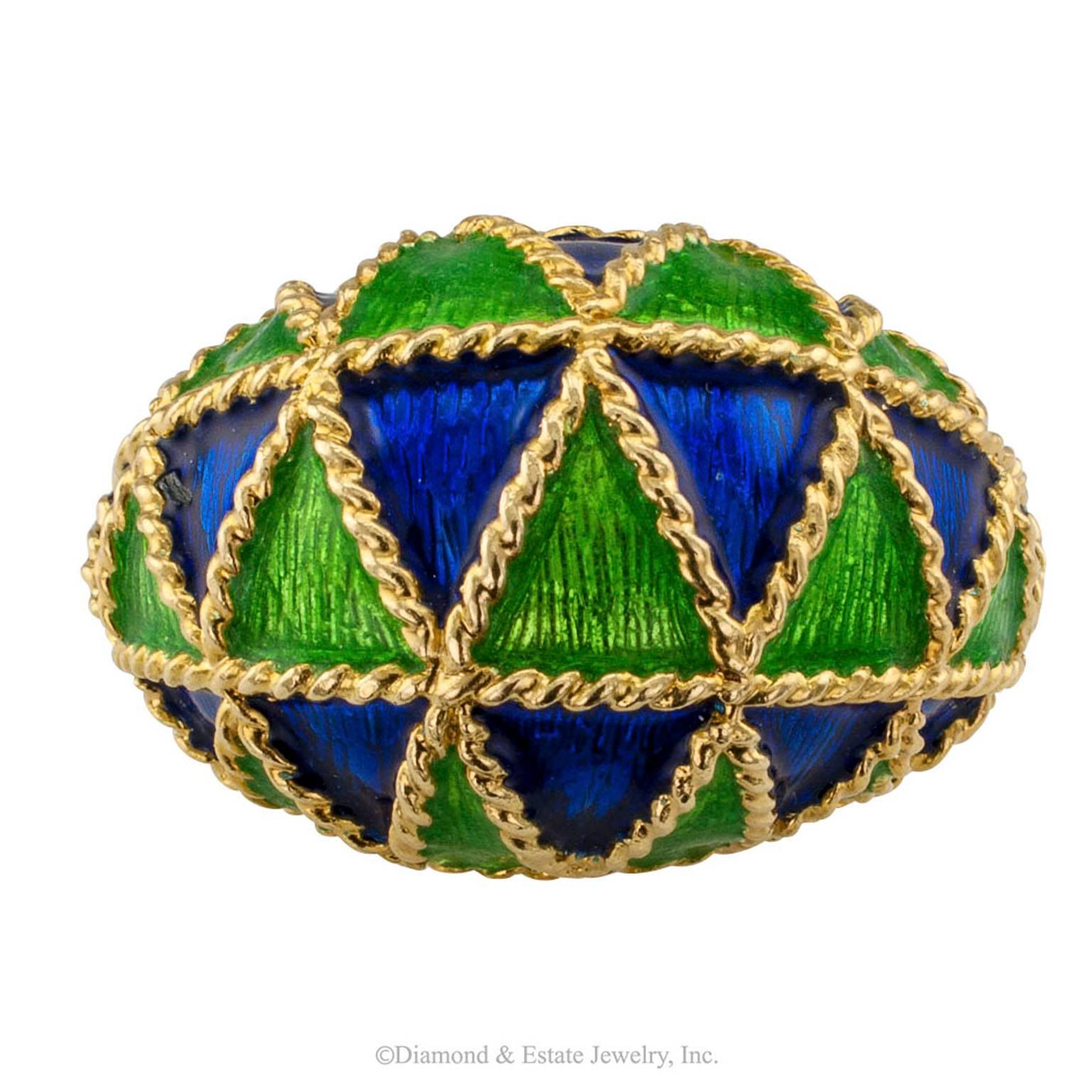 Contemporary 1970s Domed Gold Ring with Blue and Green Enamel
