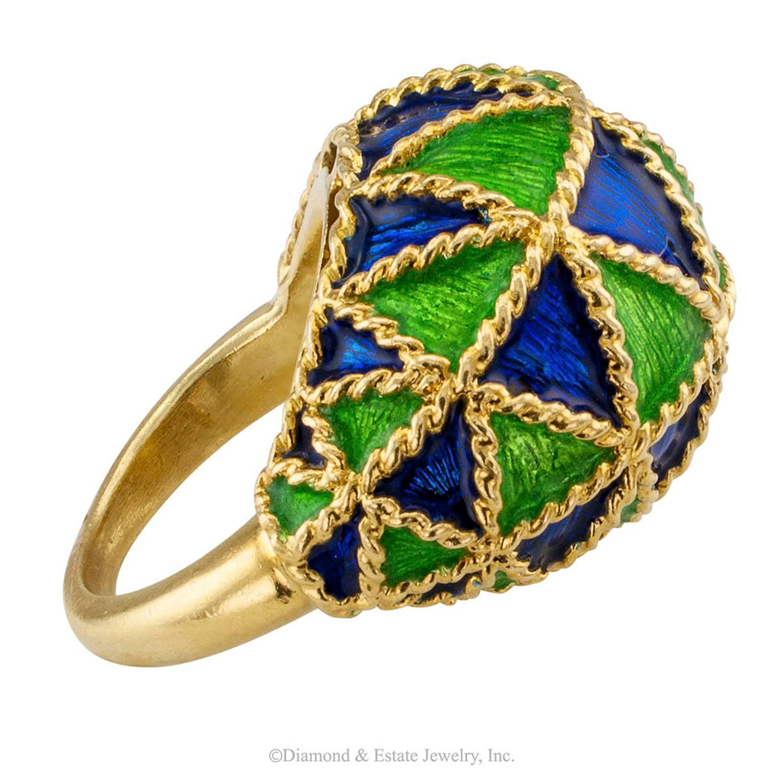1970s Domed Gold Ring with Blue and Green Enamel In Excellent Condition In Los Angeles, CA