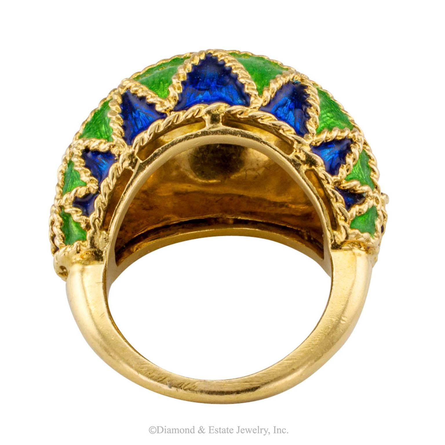 Women's or Men's 1970s Domed Gold Ring with Blue and Green Enamel